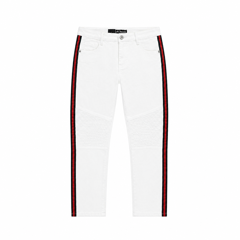 BRONCO MEN'S SIDE TAPE STRIPES WHITE JEANS