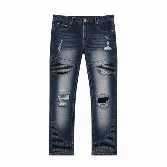 M SOCIETY RIP & TEAR DENIM BLUE MOTO JEANS