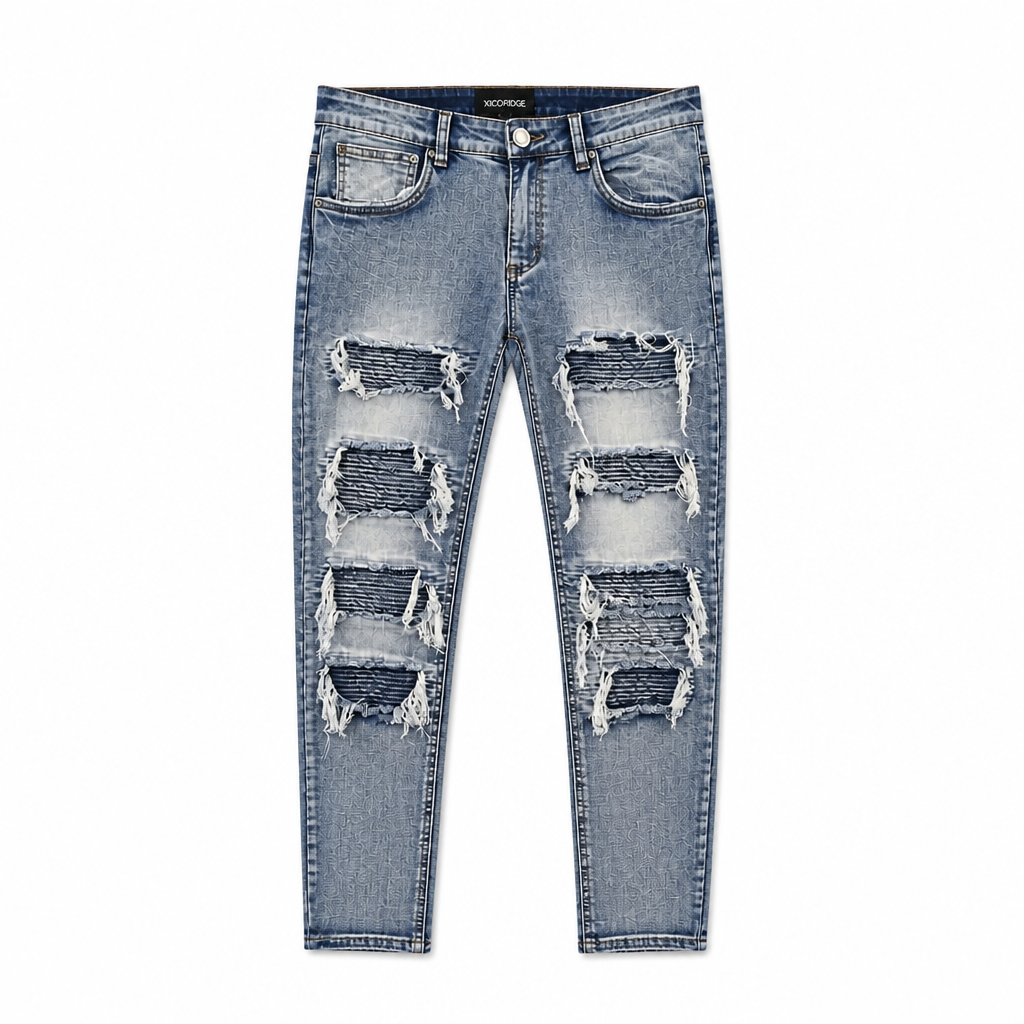 VICTORIOUS MEN'S BIKER INDIGO BLUE DENIM JEANS