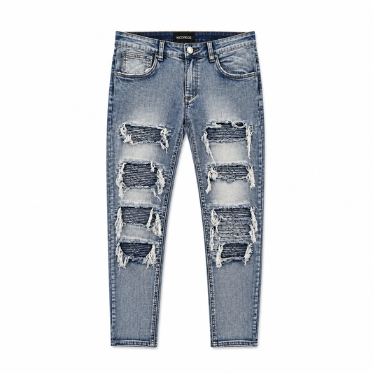 VICTORIOUS MEN'S BIKER INDIGO BLUE DENIM JEANS