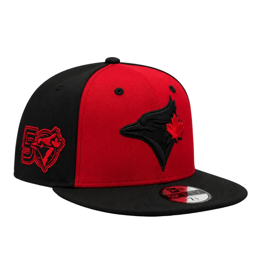 MEN'S NEW ERA MLB SCARLET RED BLACK TORONTO BLUE JAYS 50TH SEASON PATCH 9FIFTY SNAPBACK HAT