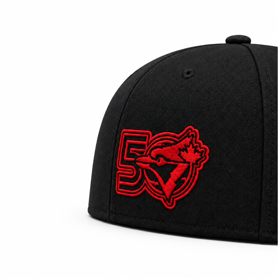 MEN'S NEW ERA MLB SCARLET RED BLACK TORONTO BLUE JAYS 50TH SEASON PATCH 9FIFTY SNAPBACK HAT