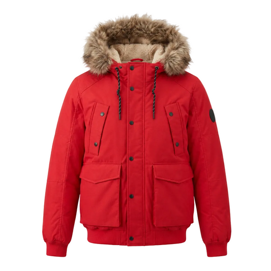 A bright red hooded parka jacket with a brown faux-fur trimmed hood, beige sherpa lining, black snap buttons, and front flap pockets, shown on a plain light gray background.