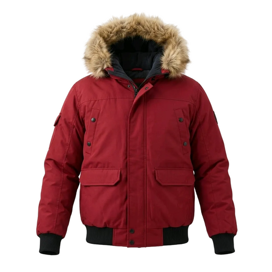 A red hooded winter parka jacket with a tan faux-fur trimmed hood, black ribbed cuffs and hem, and front flap pockets, shown on a light gray background.