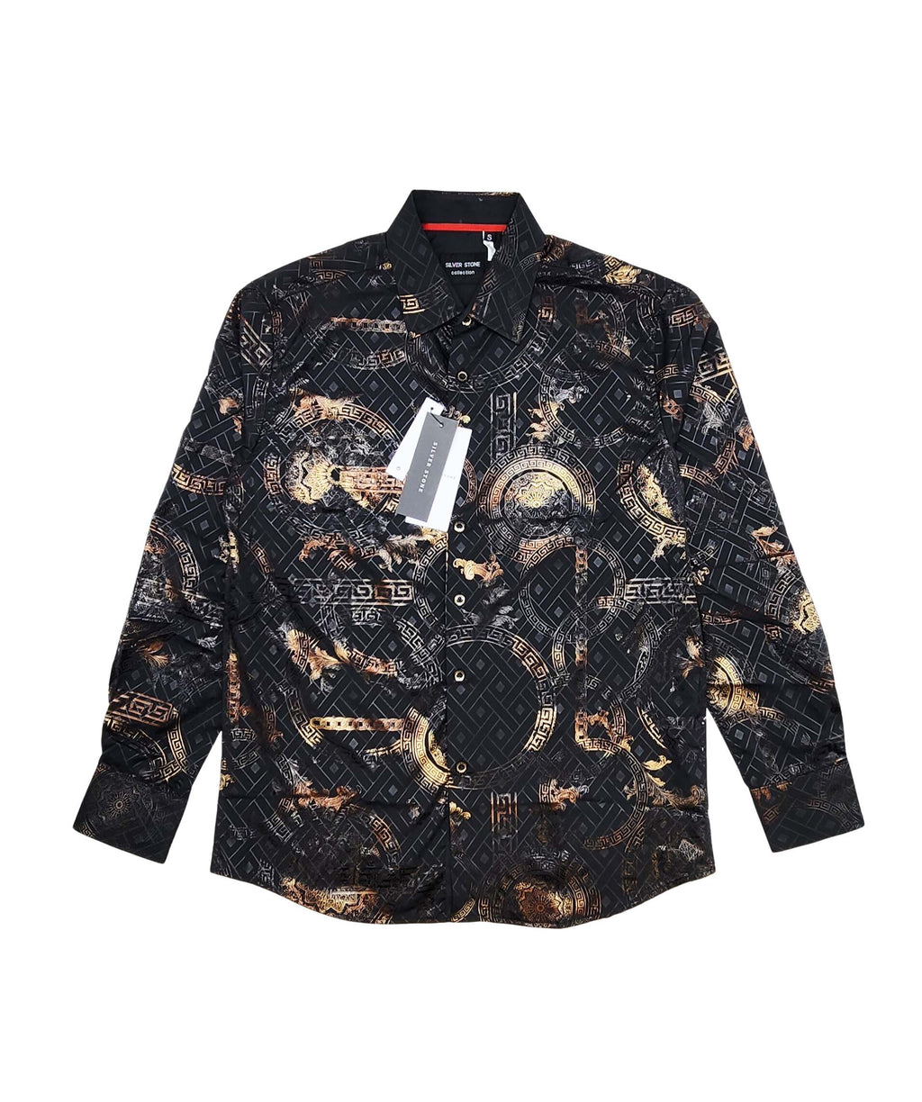 MEN'S DESIGNER FOIL BUTTON UP LONG SLEEVE SHIRT (BLACK)