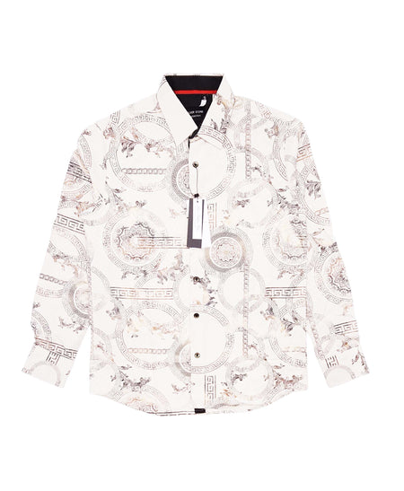 MEN'S DESIGNER FOIL BUTTON UP LONG SLEEVE SHIRT (LATTE)