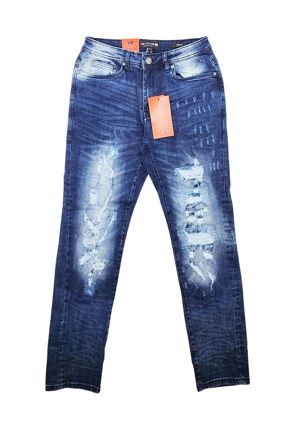 MEN'S ONE CULTURE BLUE DISTRESSED RIPPED JEANS