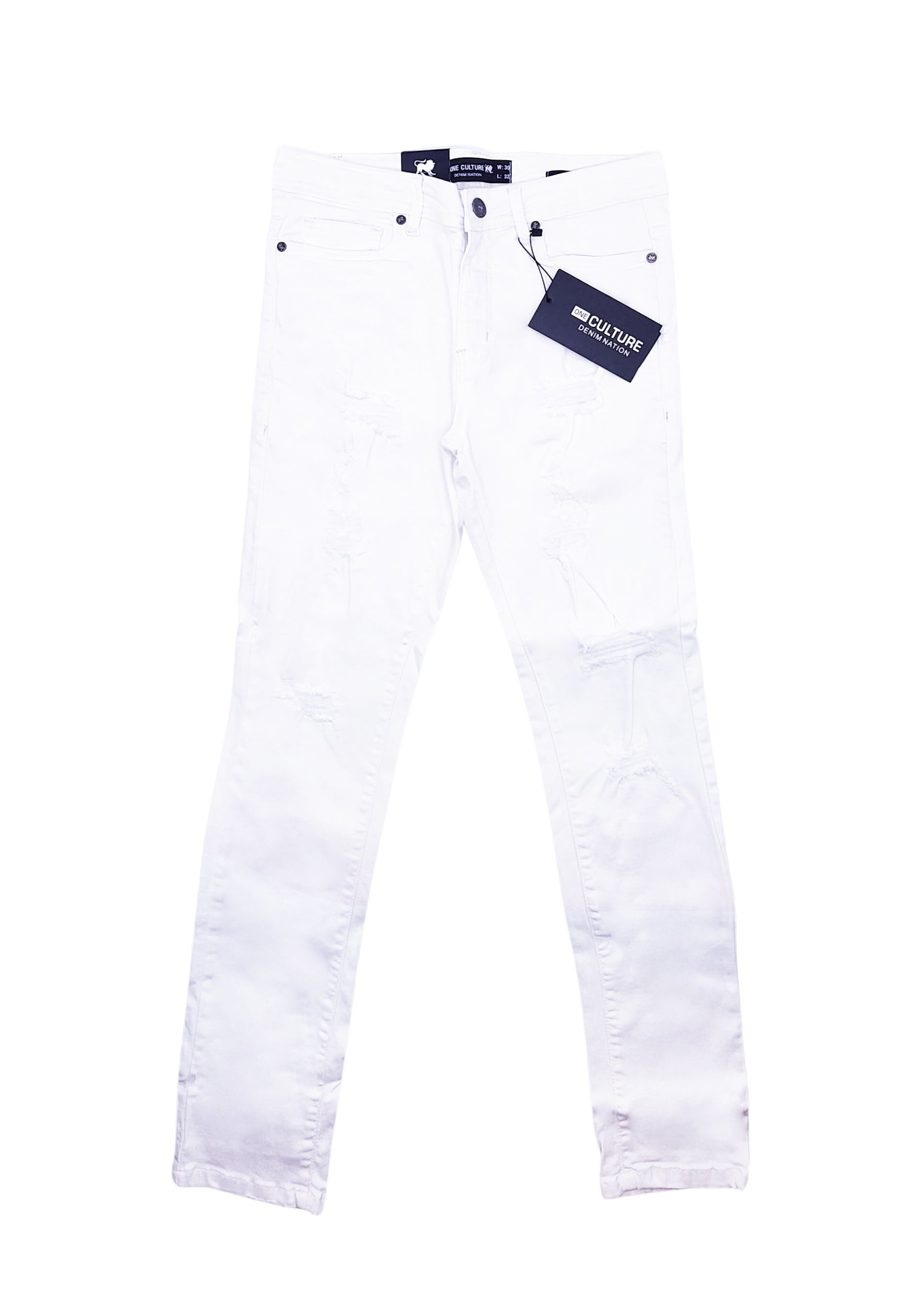 MEN'S ONE CULTURE WHITE SLIM FIT RIPPED JEANS