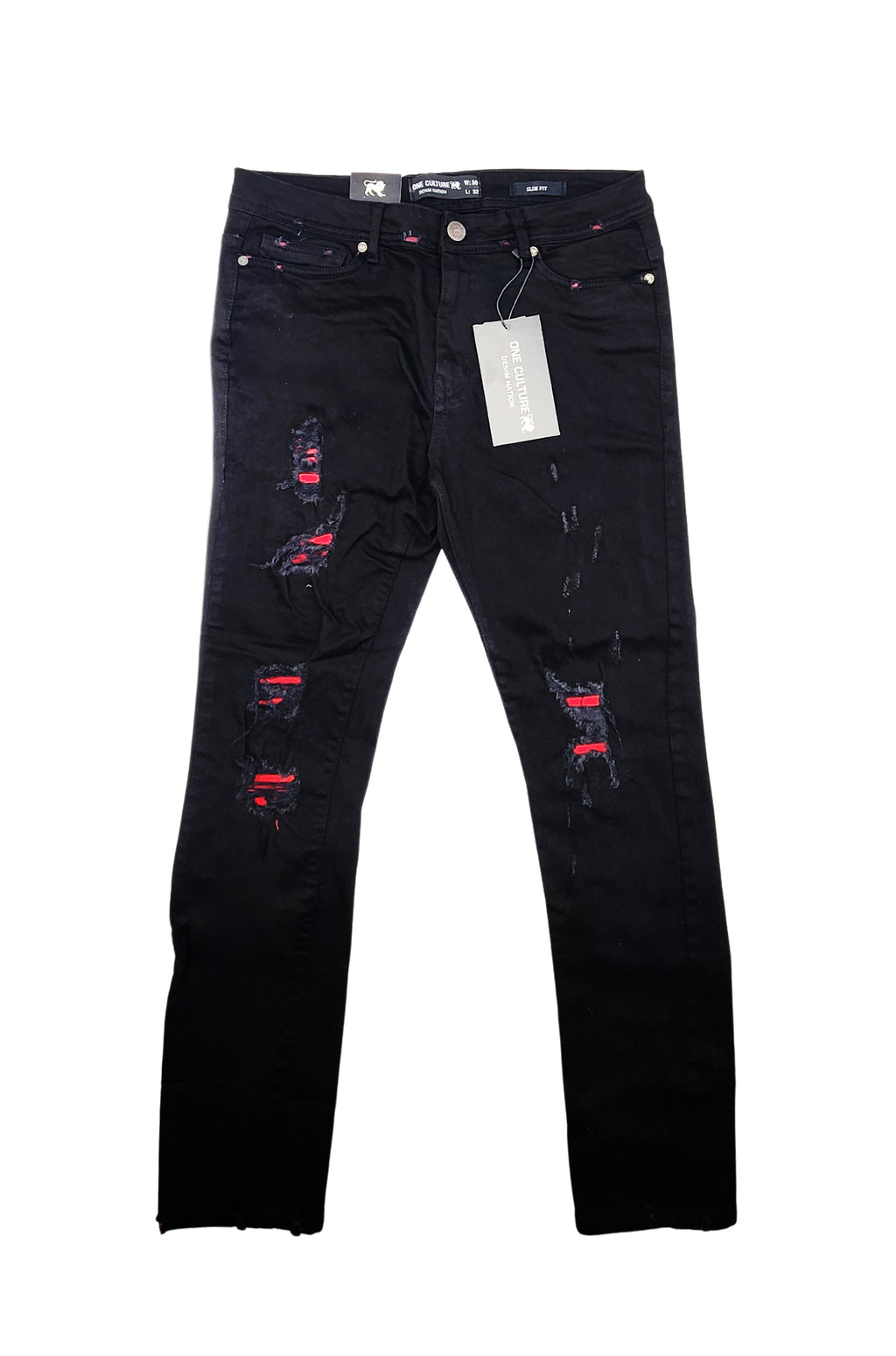 MEN'S ONE CULTURE BLACK/RED SLIM FIT RIPPED JEANS