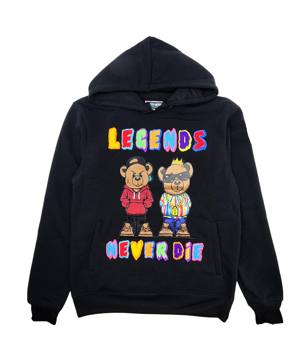 BLEECKER & MERCER MEN'S BEAR LEGENDS NEVER DIE GRAPHIC FLEECE HOODIE (BLACK)