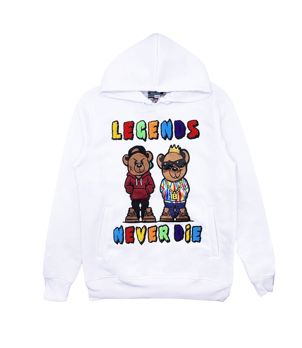 BLEECKER & MERCER MEN'S BEAR LEGENDS NEVER DIE GRAPHIC FLEECE HOODIE (WHITE)