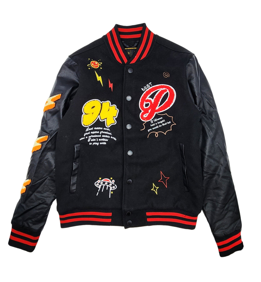 BLEECKER & MERCER MEN'S MIXED FABRIC EMBROIDERED VARSITY JACKET W/ PATCHES (BLACK)