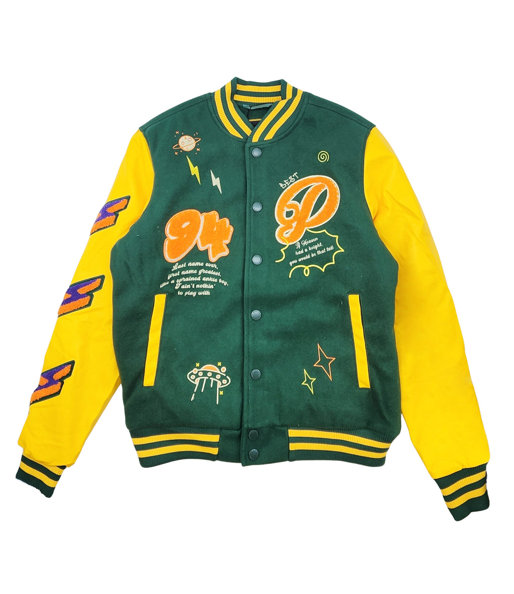 BLEECKER & MERCER MEN'S MIXED FABRIC EMBROIDERED VARSITY JACKET W/ PATCHES (GREEN)