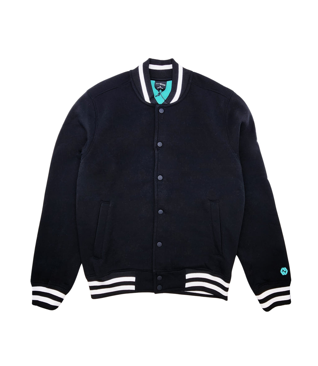 WT02 MEN'S ALL BLACK FLEECE VARSITY JACKET