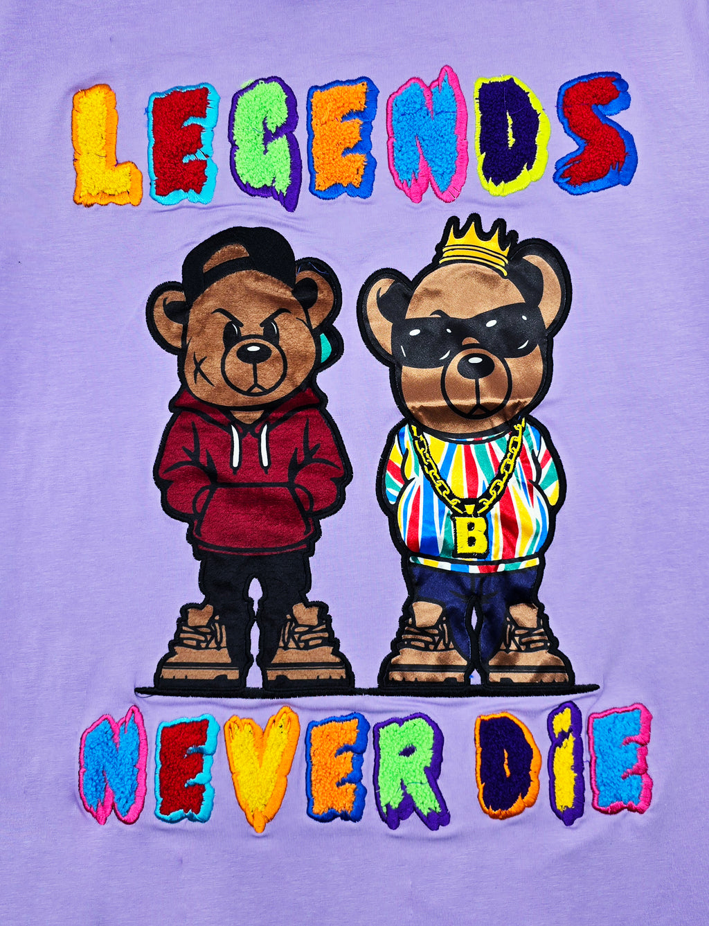 LEGENDS NEVER DIE CHENILLE & APPLIQUE GRAPHIC T-SHIRT (LAVENDER)