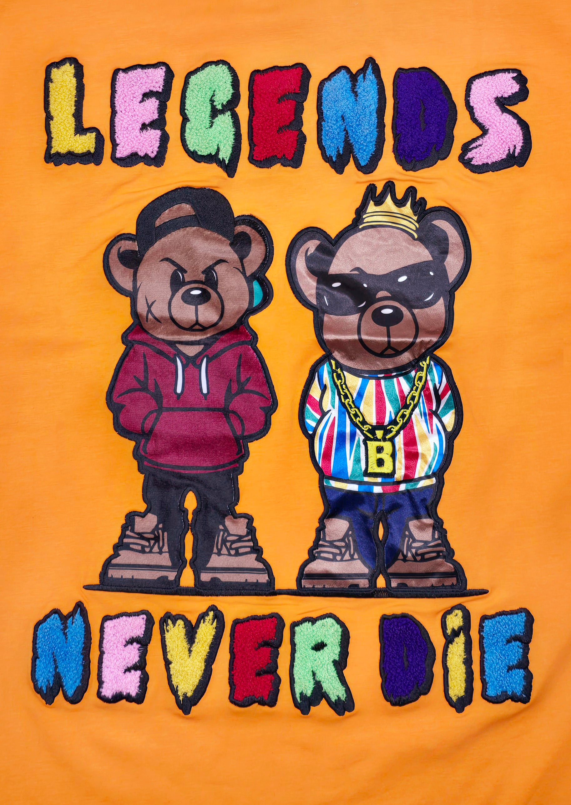 LEGENDS NEVER DIE CHENILLE & APPLIQUE GRAPHIC T-SHIRT (ORANGE)