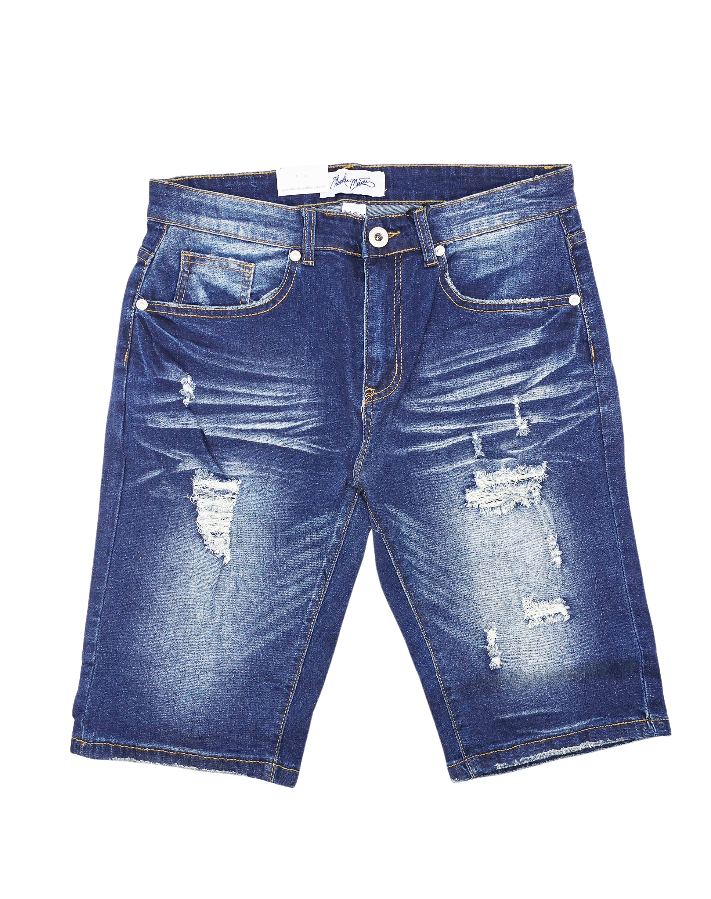 BLEECKER & MERCER MEN'S RIPPED DENIM SHORTS (DARK INDIGO)