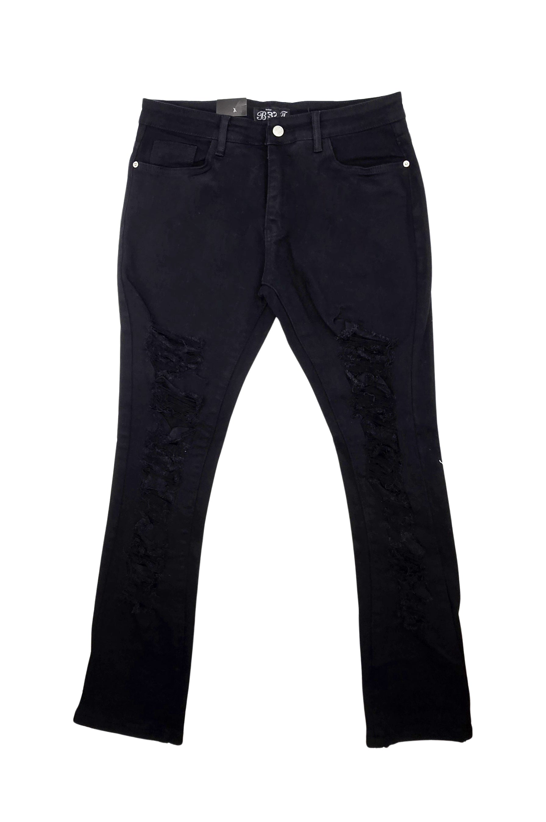 BRONCO MEN'S DENIM STACKED RIPPED JEANS (BLACK)