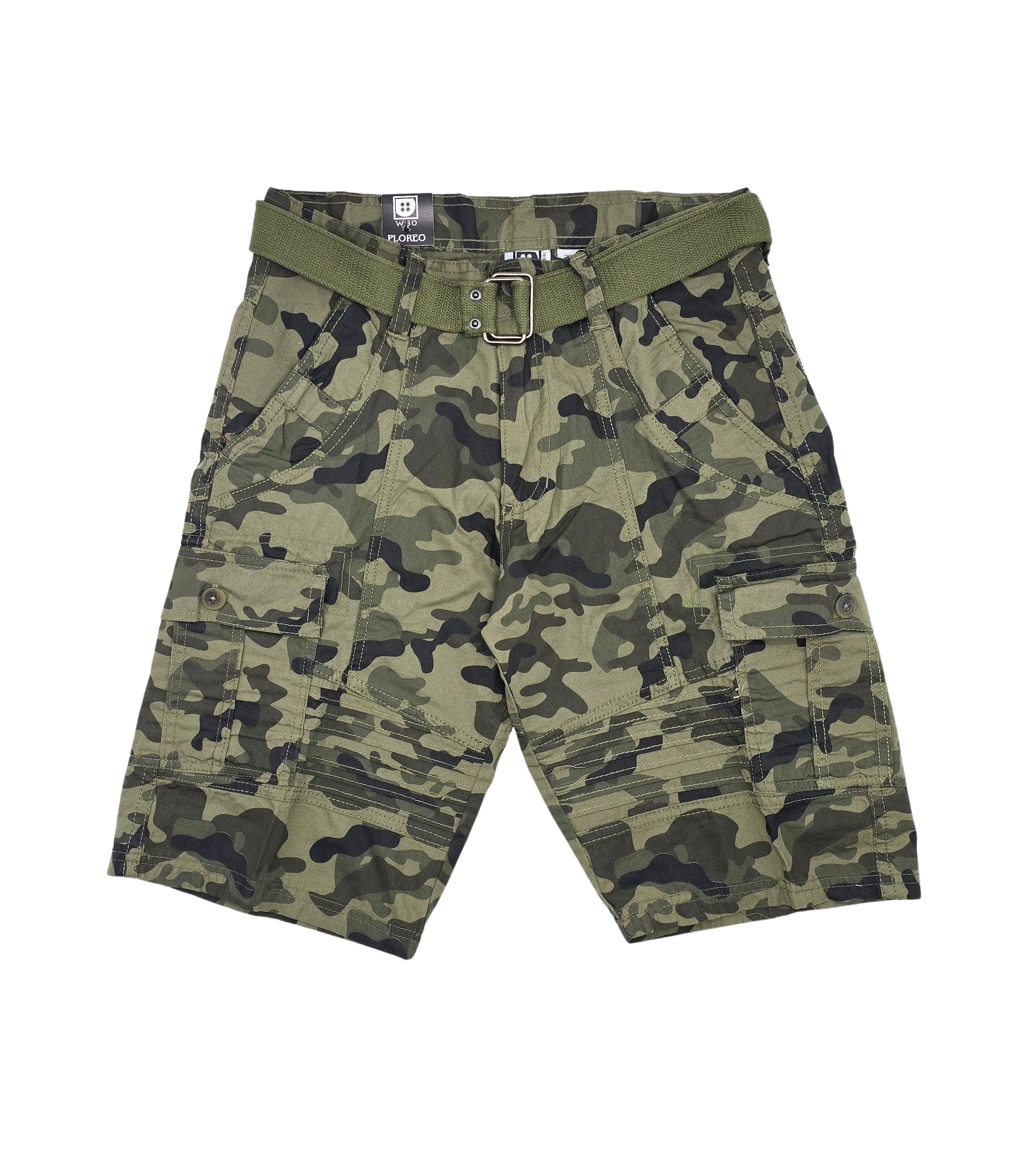 PLOREO MEN'S CARGO SHORTS WITH BELT (GREEN CAMO)