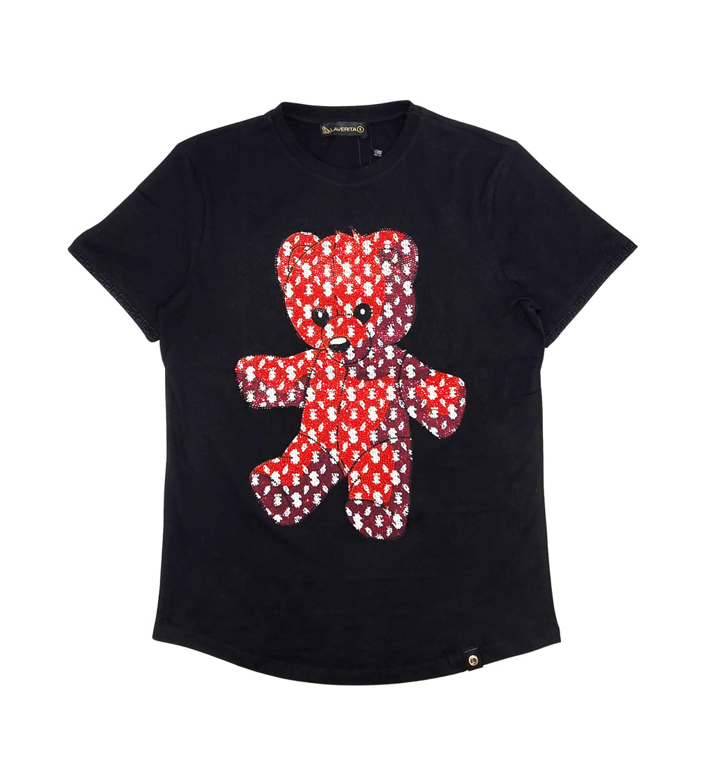 MEN'S RHINESTONE TEDDY BEAR SHORT SLEEVE T-SHIRT (BLACK/RED)