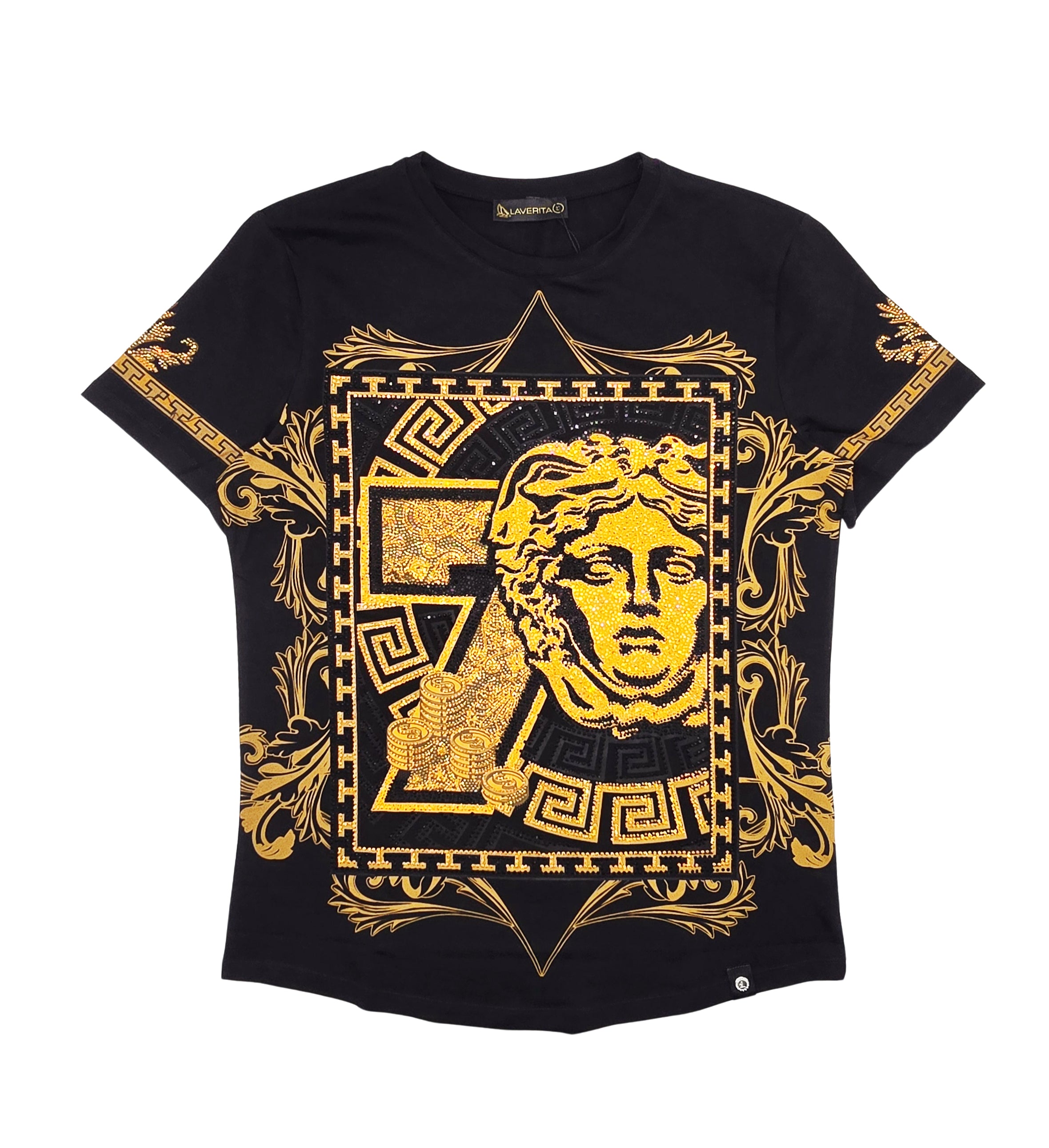 MEN'S RHINESTONE DESIGNER SHORT SLEEVE T-SHIRT (BLACK/GOLD)