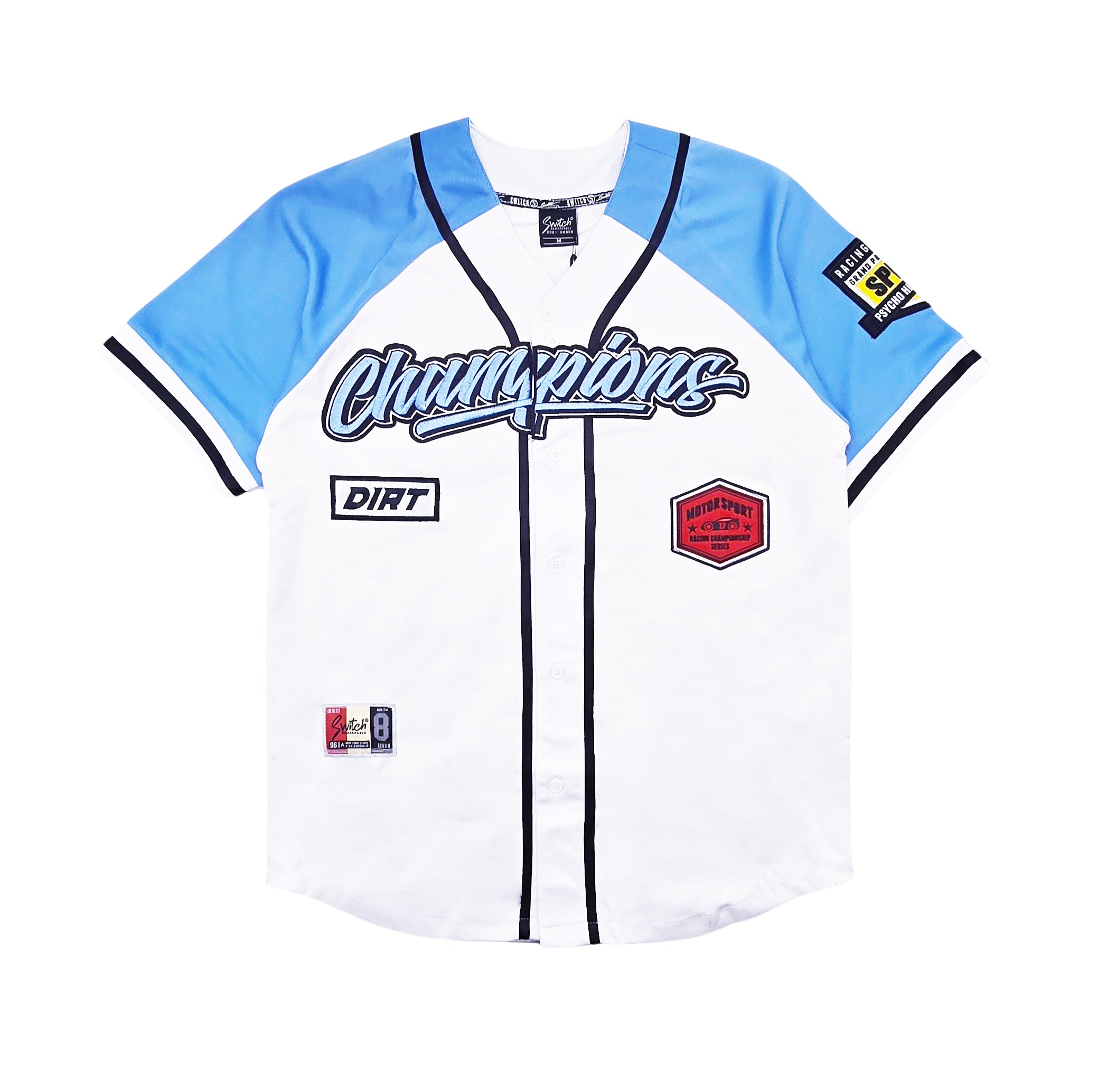 SWITCH MENS CHAMPIONS RACE MOTOR SPORT JERSEY/SHORTS SET (WHITE/BLUE)