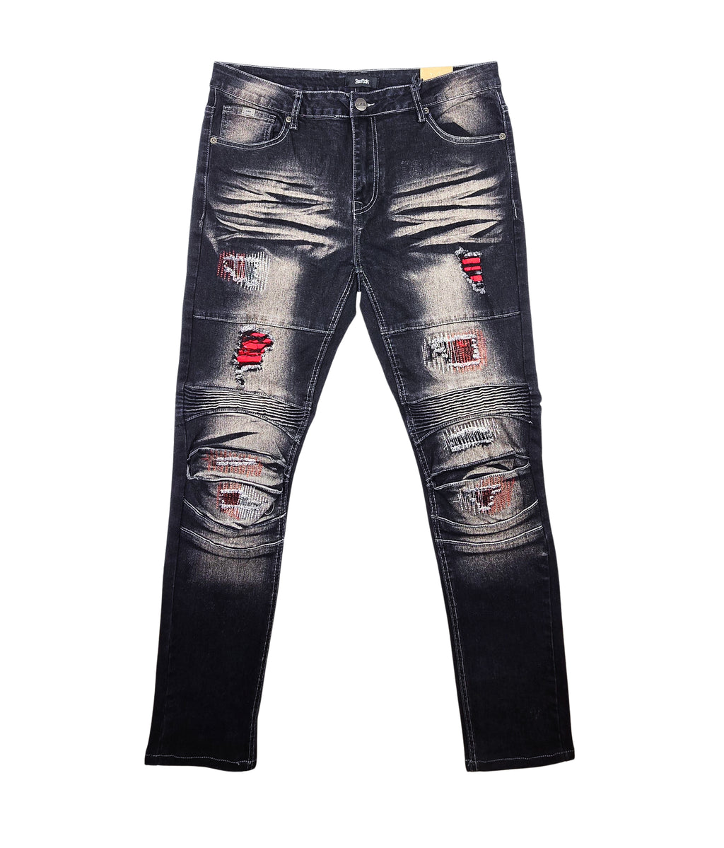 SWITCH REMARKABLE MEN'S SLIM TAPER FIT RIPPED DENIM JEANS (BLACK/RED)