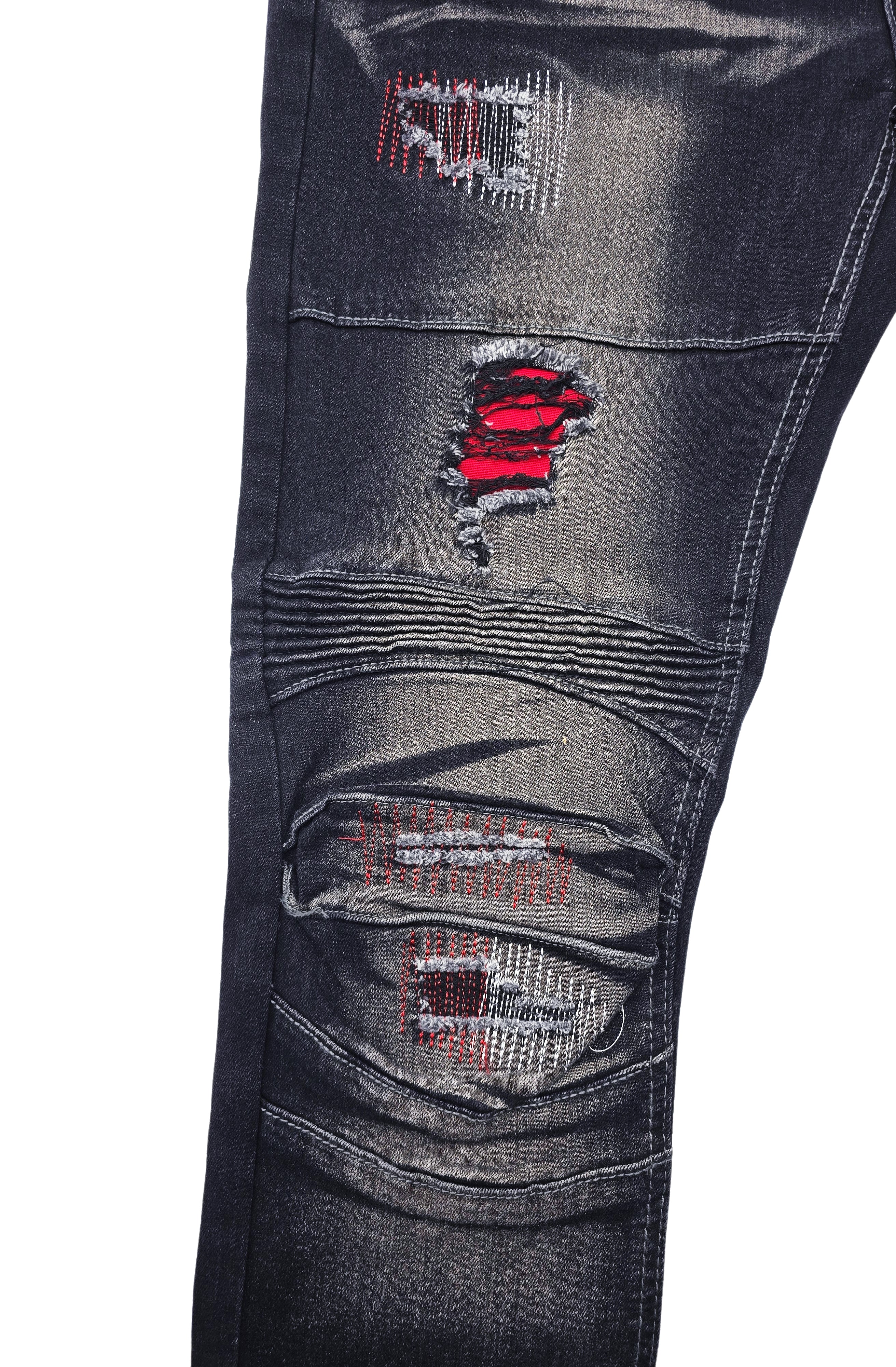 SWITCH REMARKABLE MEN'S SLIM TAPER FIT RIPPED DENIM JEANS (BLACK/RED)