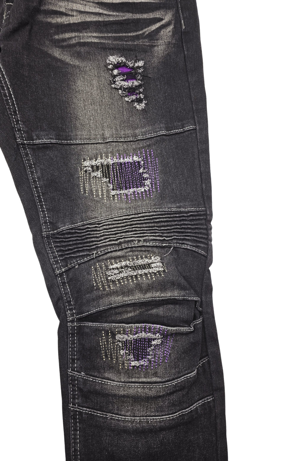 SWITCH REMARKABLE MEN'S SLIM TAPER FIT RIPPED DENIM JEANS (BLACK/LAVENDER)