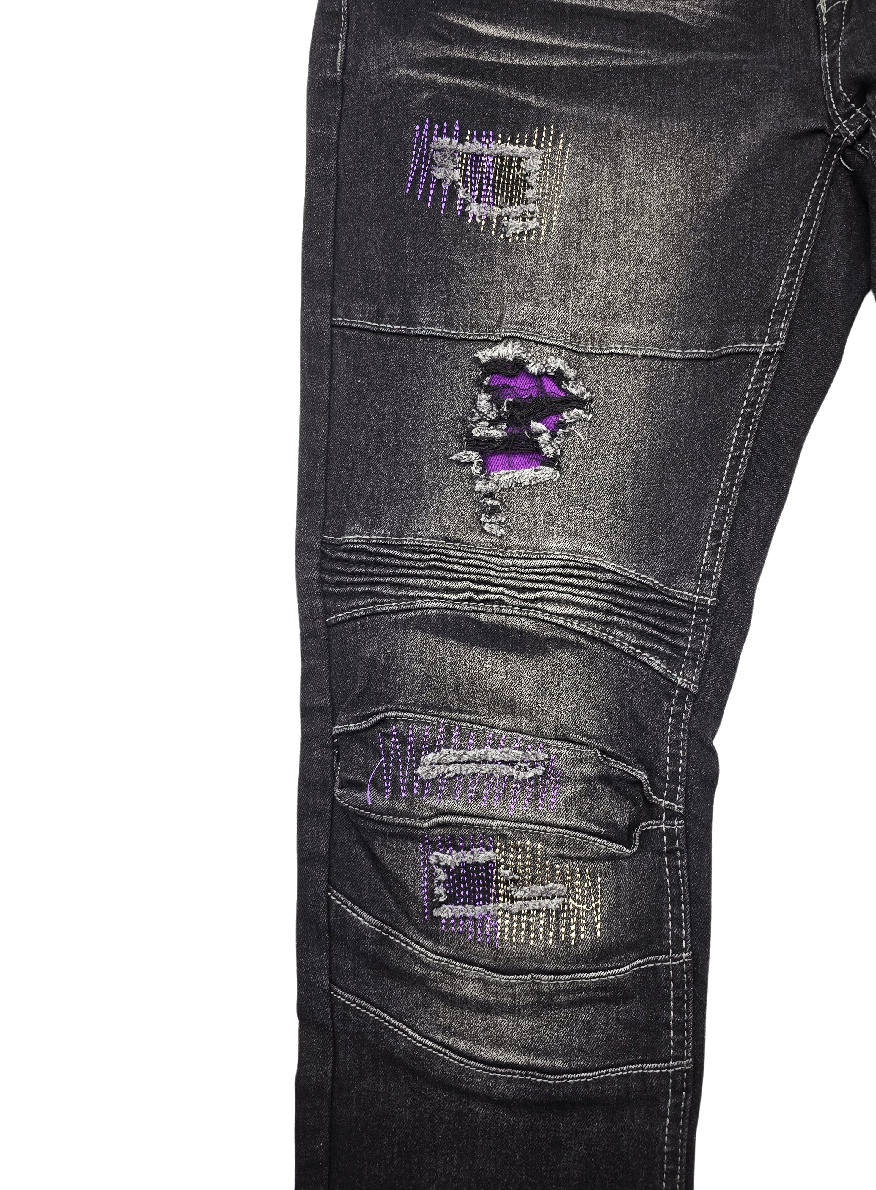 SWITCH REMARKABLE MEN'S SLIM TAPER FIT RIPPED DENIM JEANS (BLACK/LAVENDER)