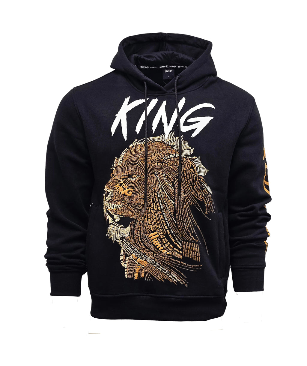 SWITCH REMARKABLE MEN'S LION PRINT KING HOODIE (BLACK)