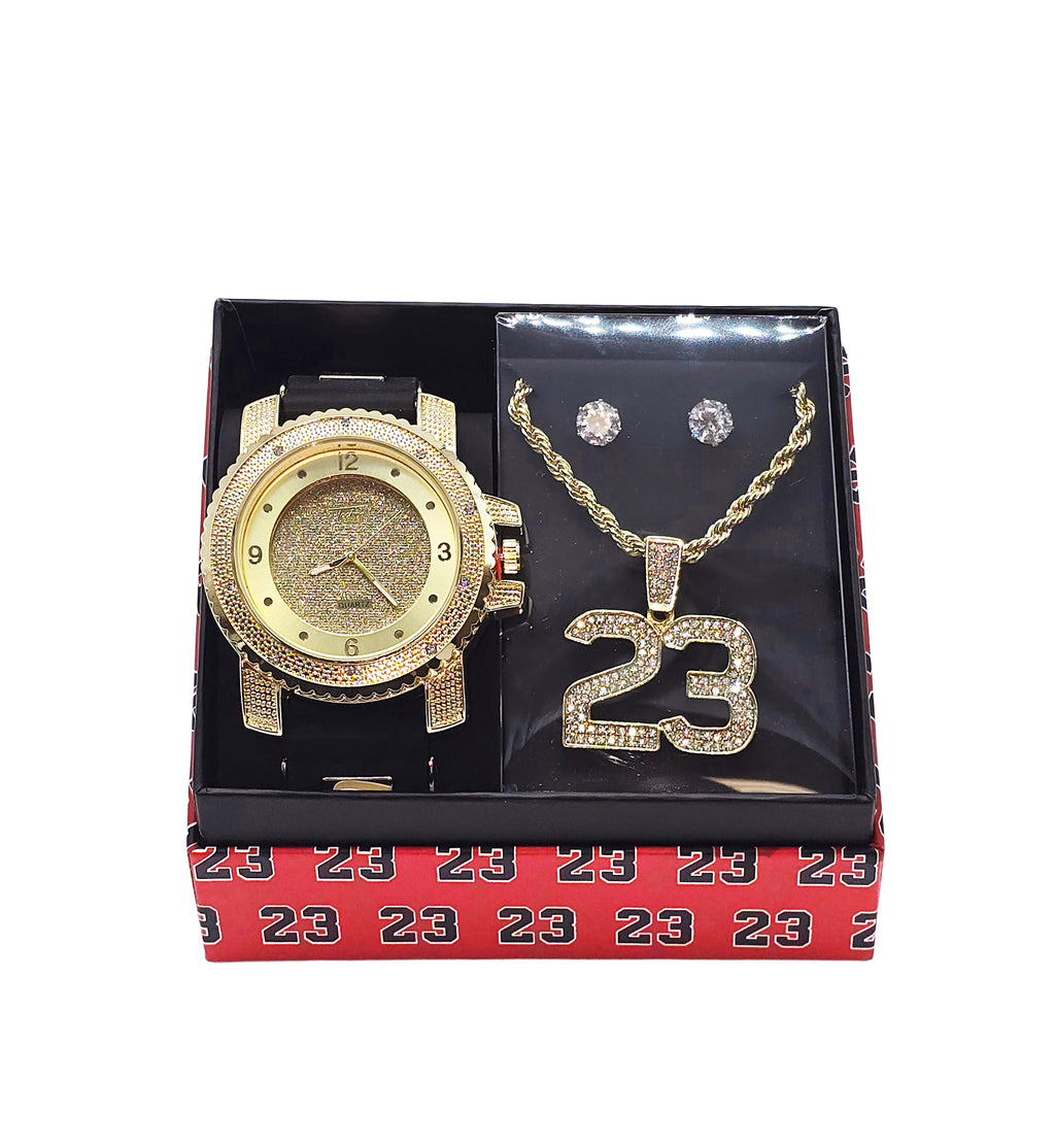 MEN'S WATCH/EARRINGS/CHAIN SET (BLACK/GOLD)