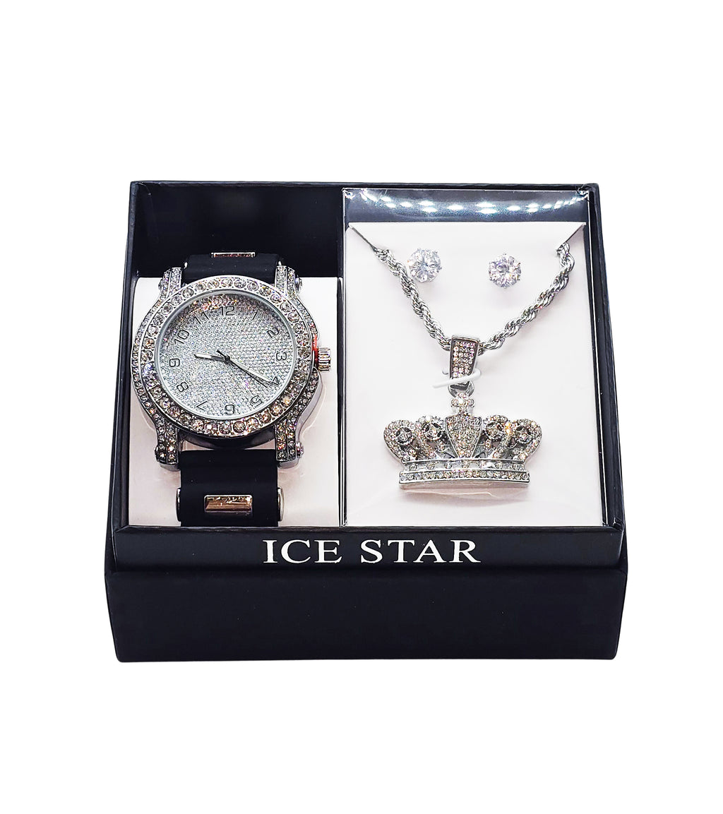 MEN'S WATCH/EARRINGS/CHAIN SET (BLACK/SILVER)