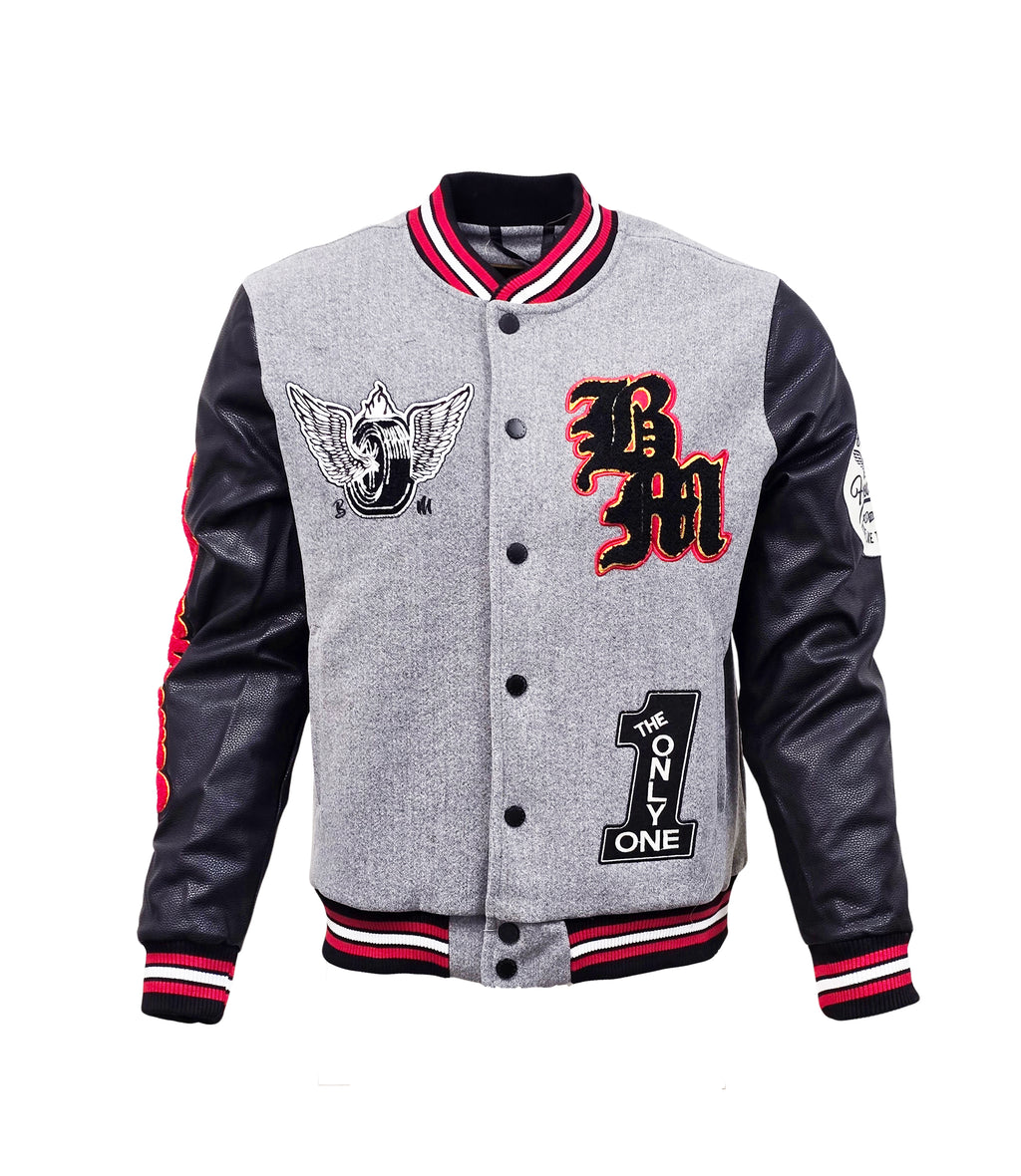 BLEECKER & MERCER MEN'S MIXED FABRIC EMBROIDERED VARSITY JACKET W/ PATCHES (HEATHER GREY)