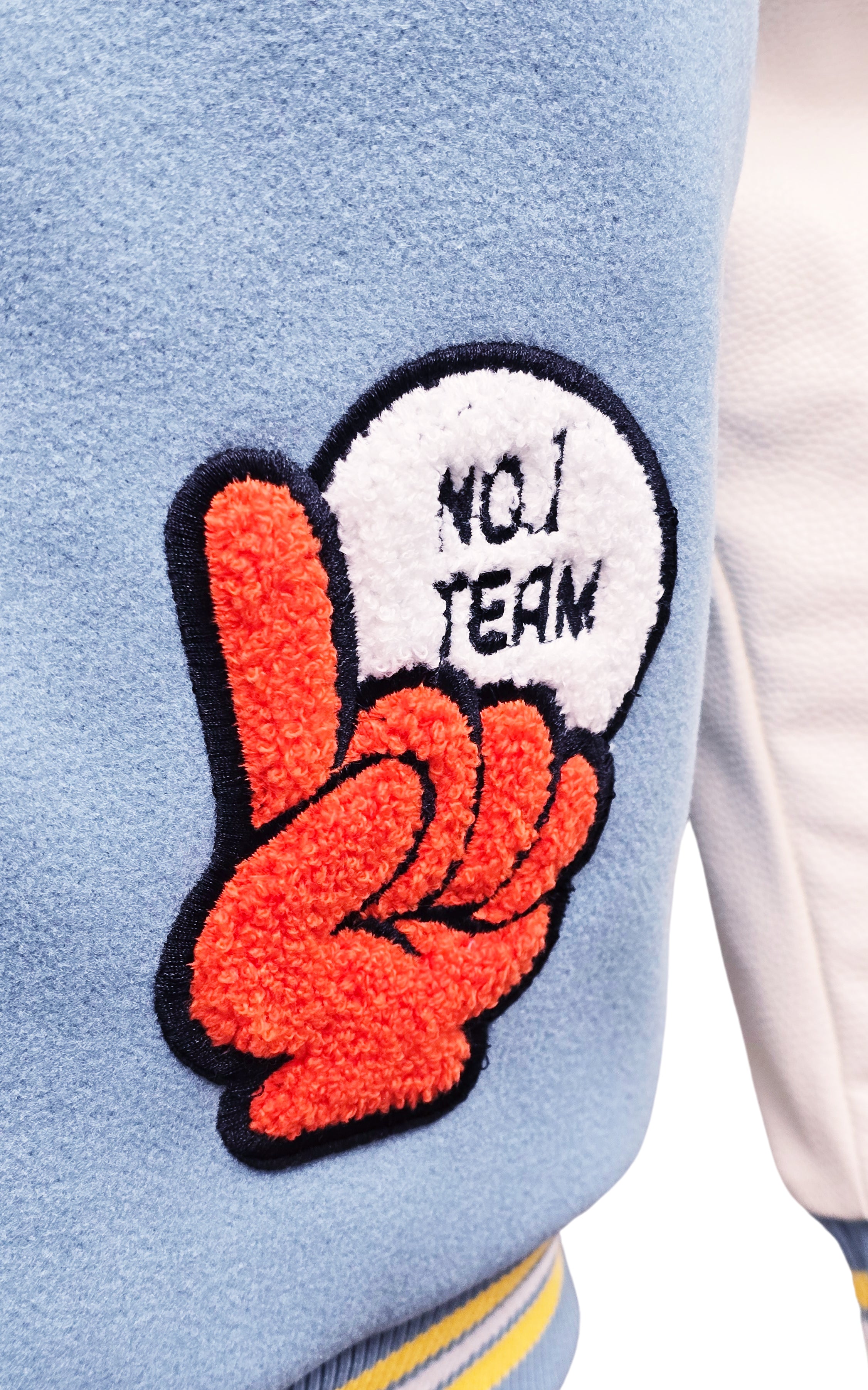 BLEECKER & MERCER MEN'S MIXED FABRIC EMBROIDERED VARSITY JACKET W/ PATCHES (SKY BLUE)