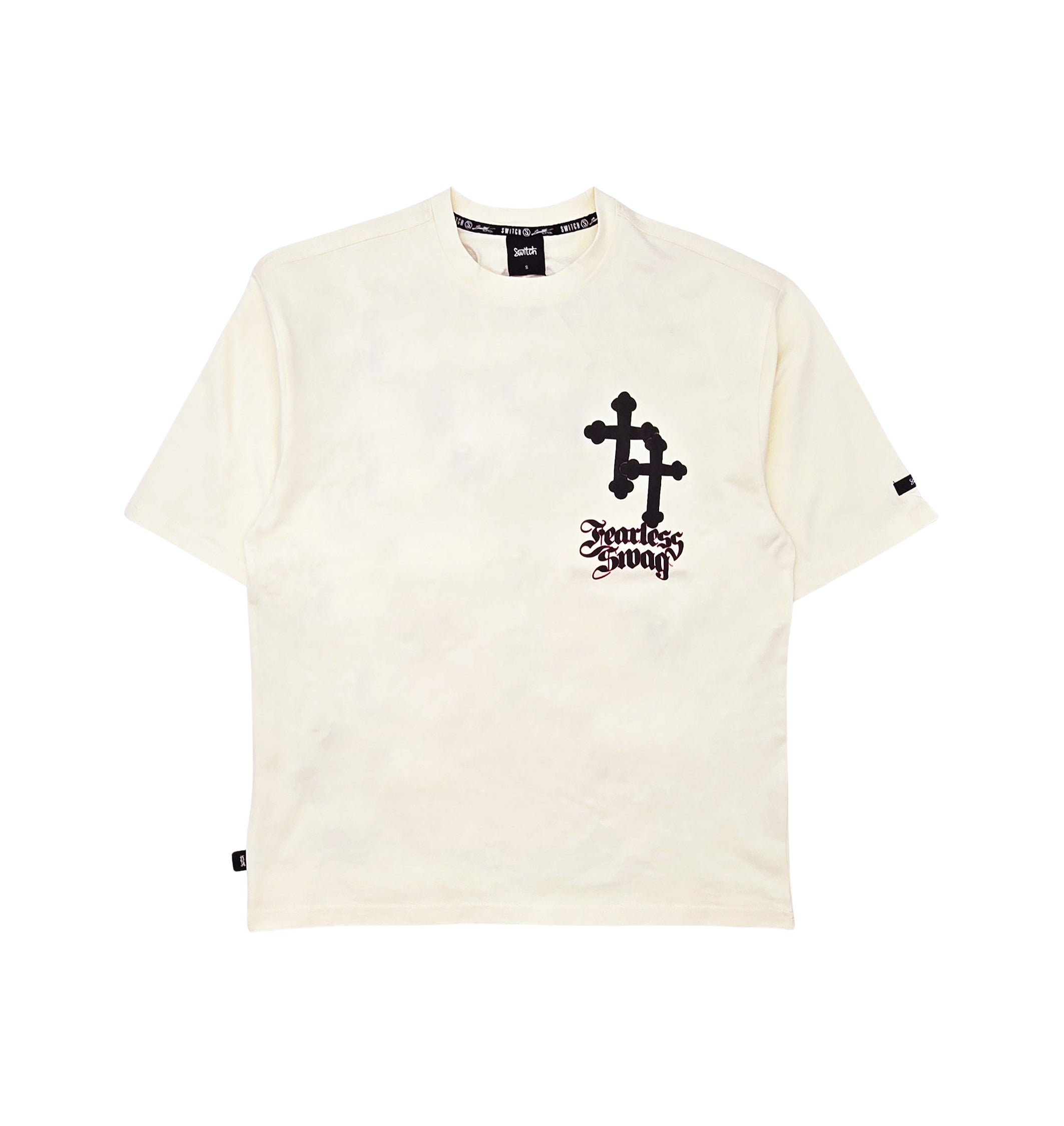SWITCH MEN'S HELP DEATH DROP SHOULDER FEARLESS DOGS GRAPHIC T-SHIRT (CREAM)