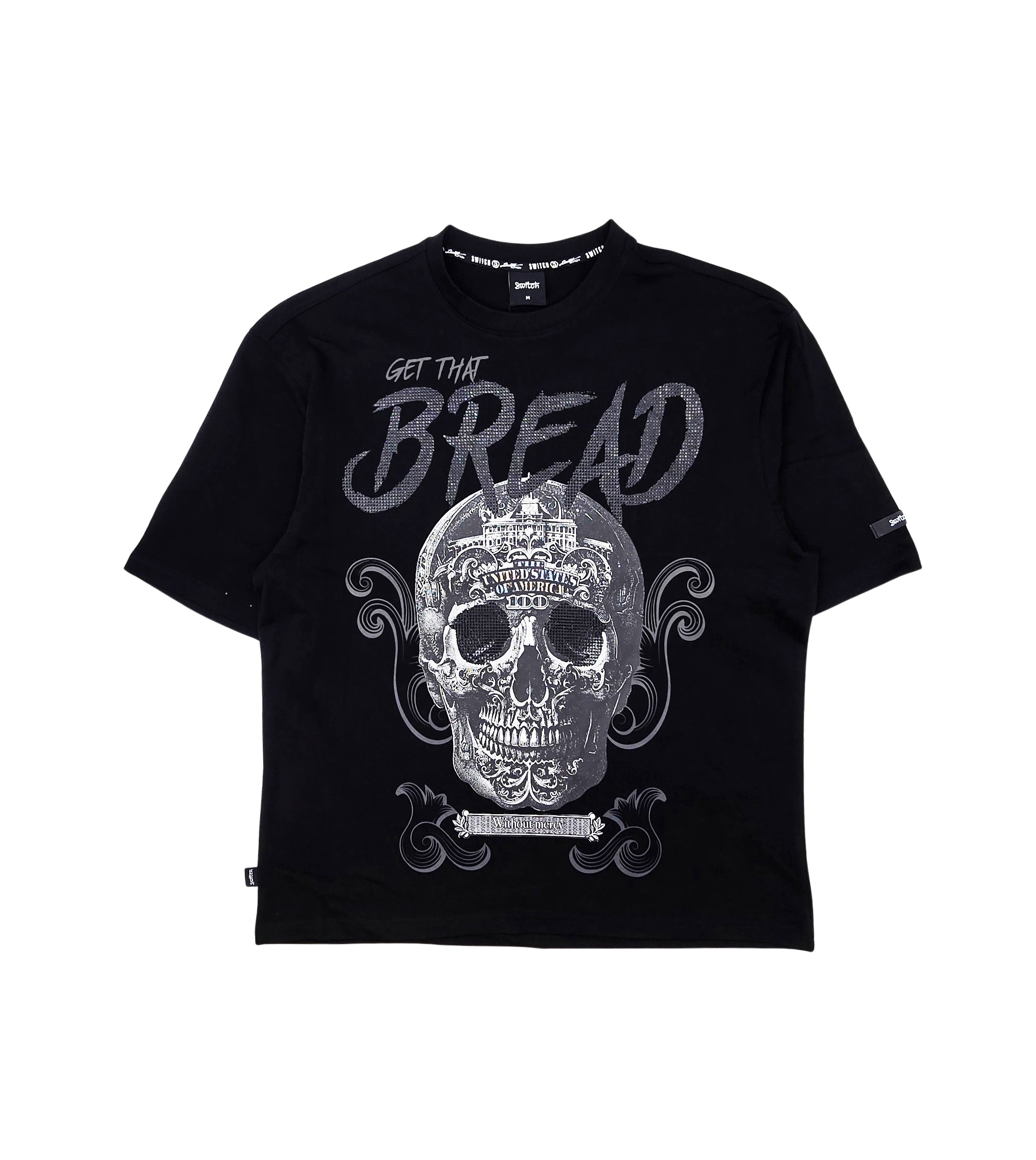 SWITCH MEN'S RHINESTONE MINERAL WASHED SKULL DROP SHOULDER GRAPHIC T-SHIRT (BLACK)