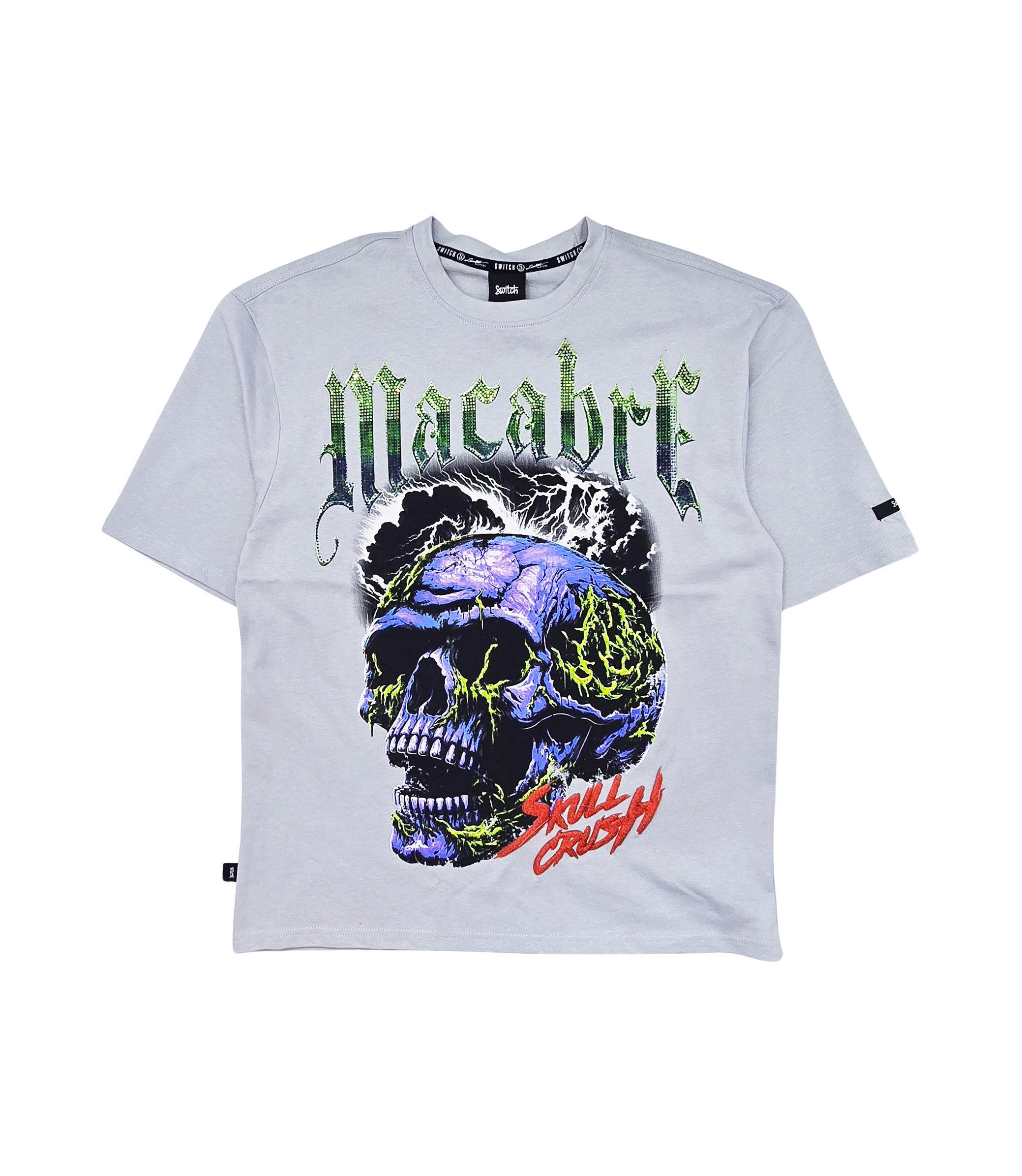 SWITCH MEN'S RHINESTONE MACABRE SKULL CRUSH DROP SHOULDER GRAPHIC T-SHIRT (GREY)