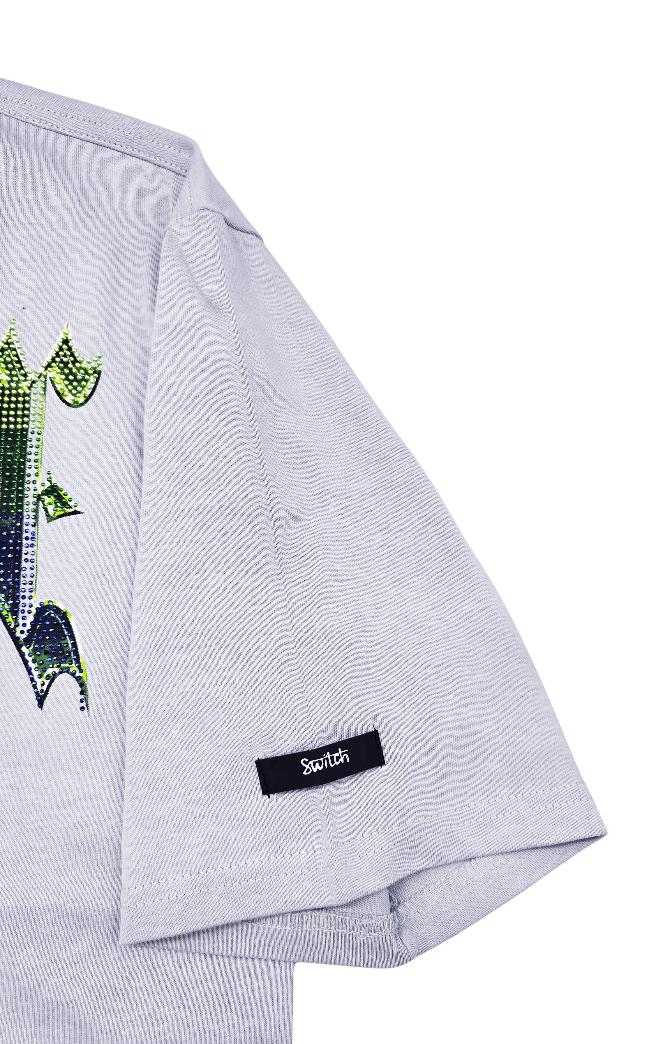 SWITCH MEN'S RHINESTONE MACABRE SKULL CRUSH DROP SHOULDER GRAPHIC T-SHIRT (GREY)