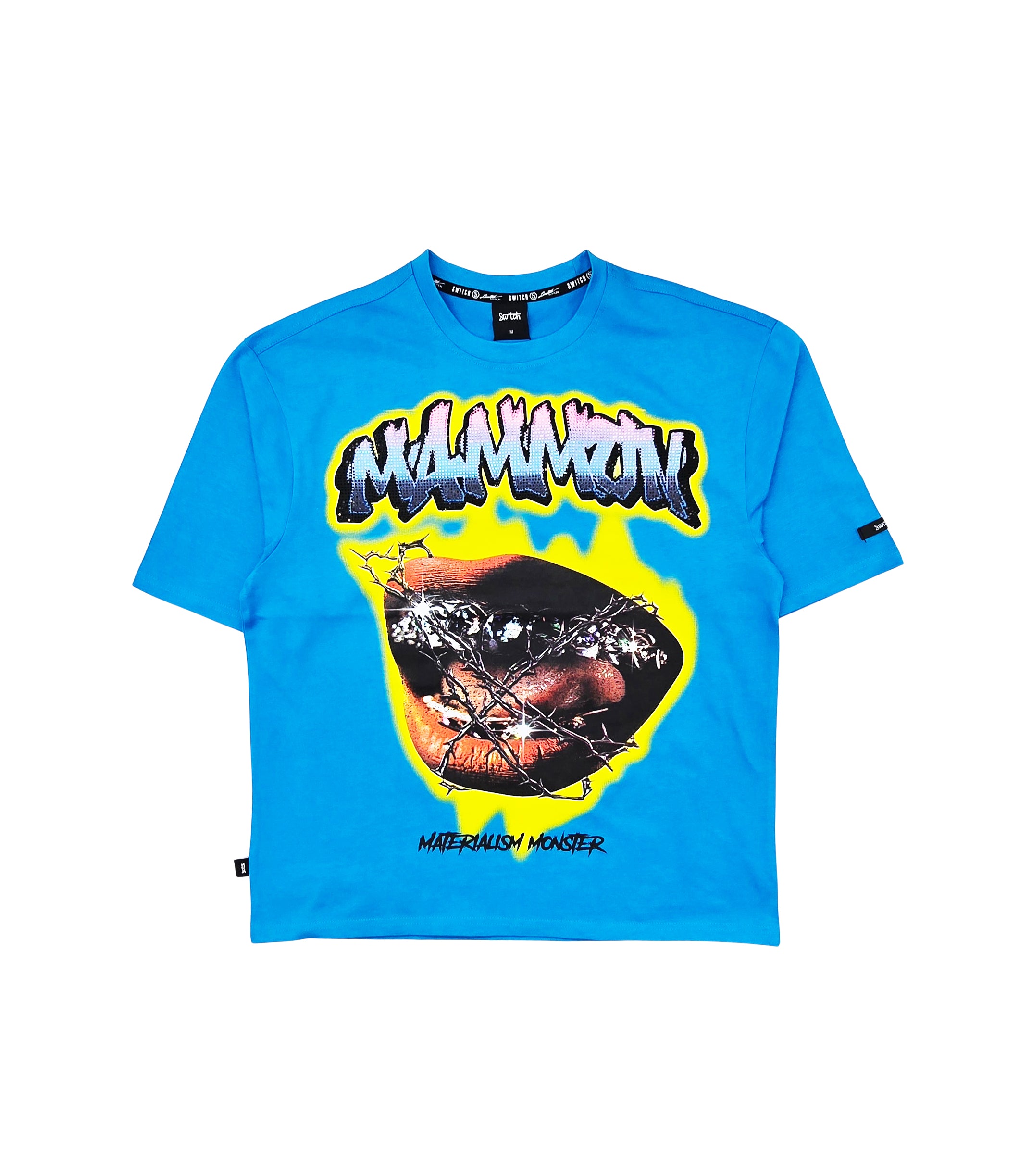 SWITCH MEN'S RHINESTONE MAMMON MATERIALISM MONSTER DROP SHOULDER GRAPHIC T-SHIRT (AQUA BLUE)