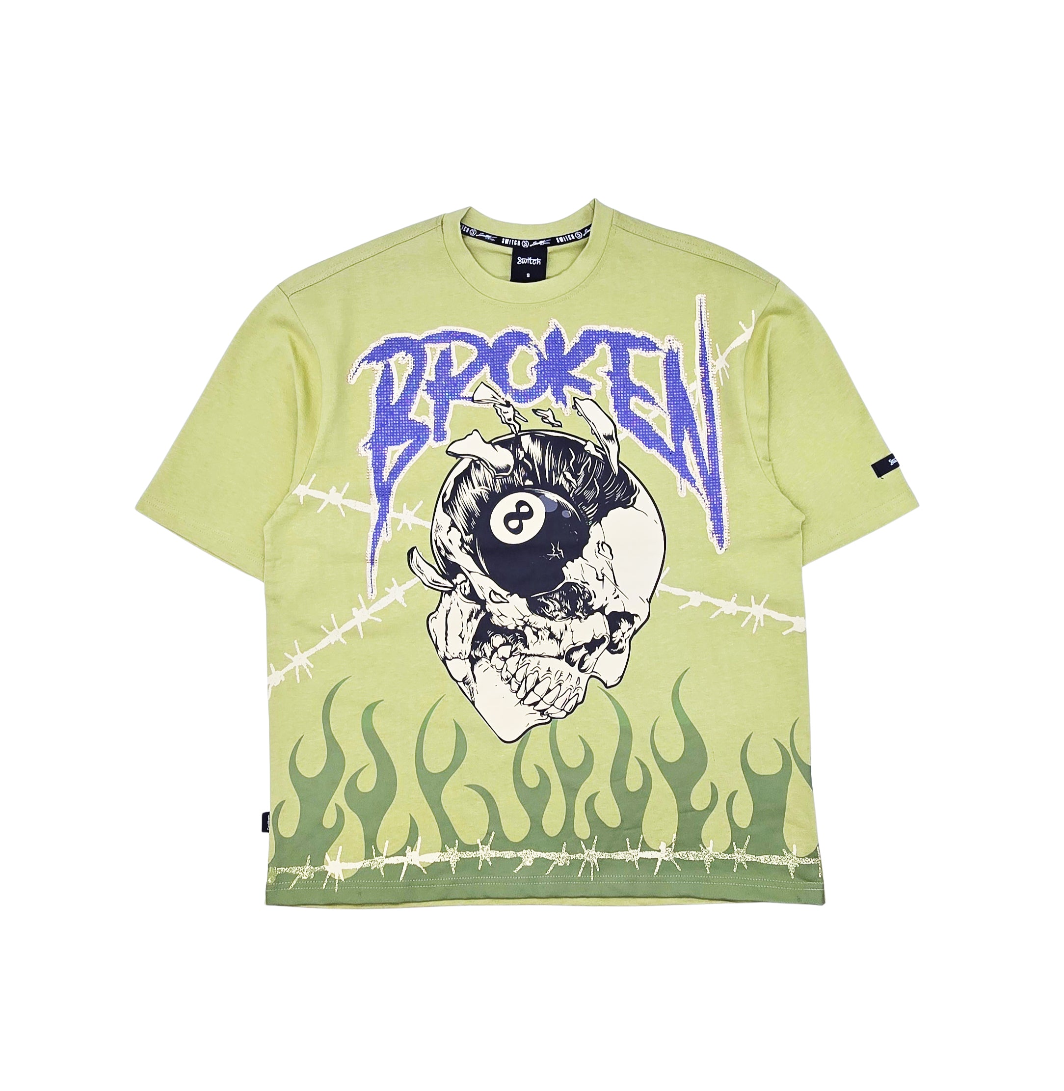 SWITCH MEN'S RHINESTONE BROKEN SKULL DROP SHOULDER GRAPHIC T-SHIRT (LIGHT OLIVE GREEN)