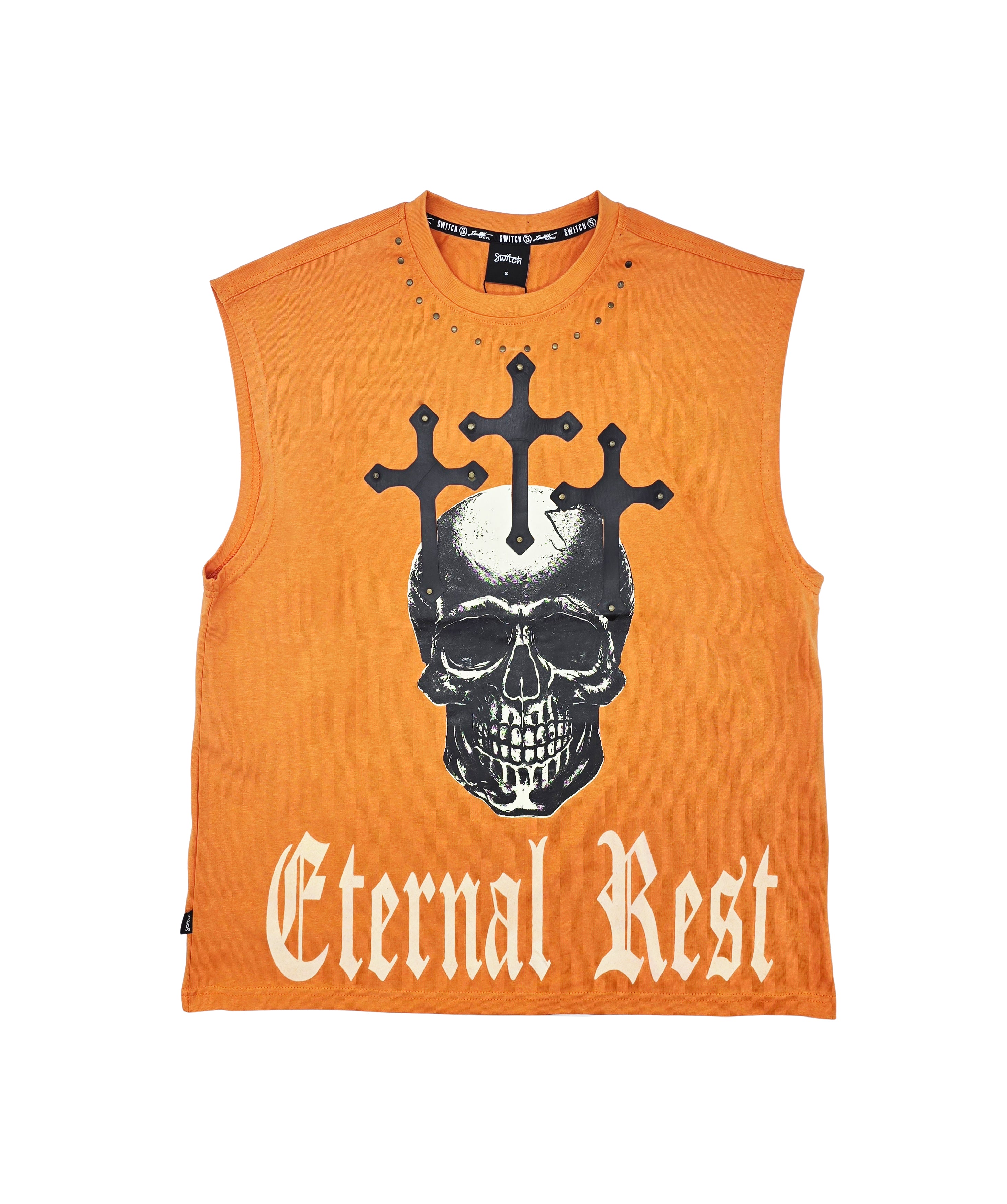 SWITCH MEN'S ETERNAL REST SKULL GRAPHIC CUT-OFF SLEEVELESS MUSCLE TANK TOP (BRICK ORANGE)