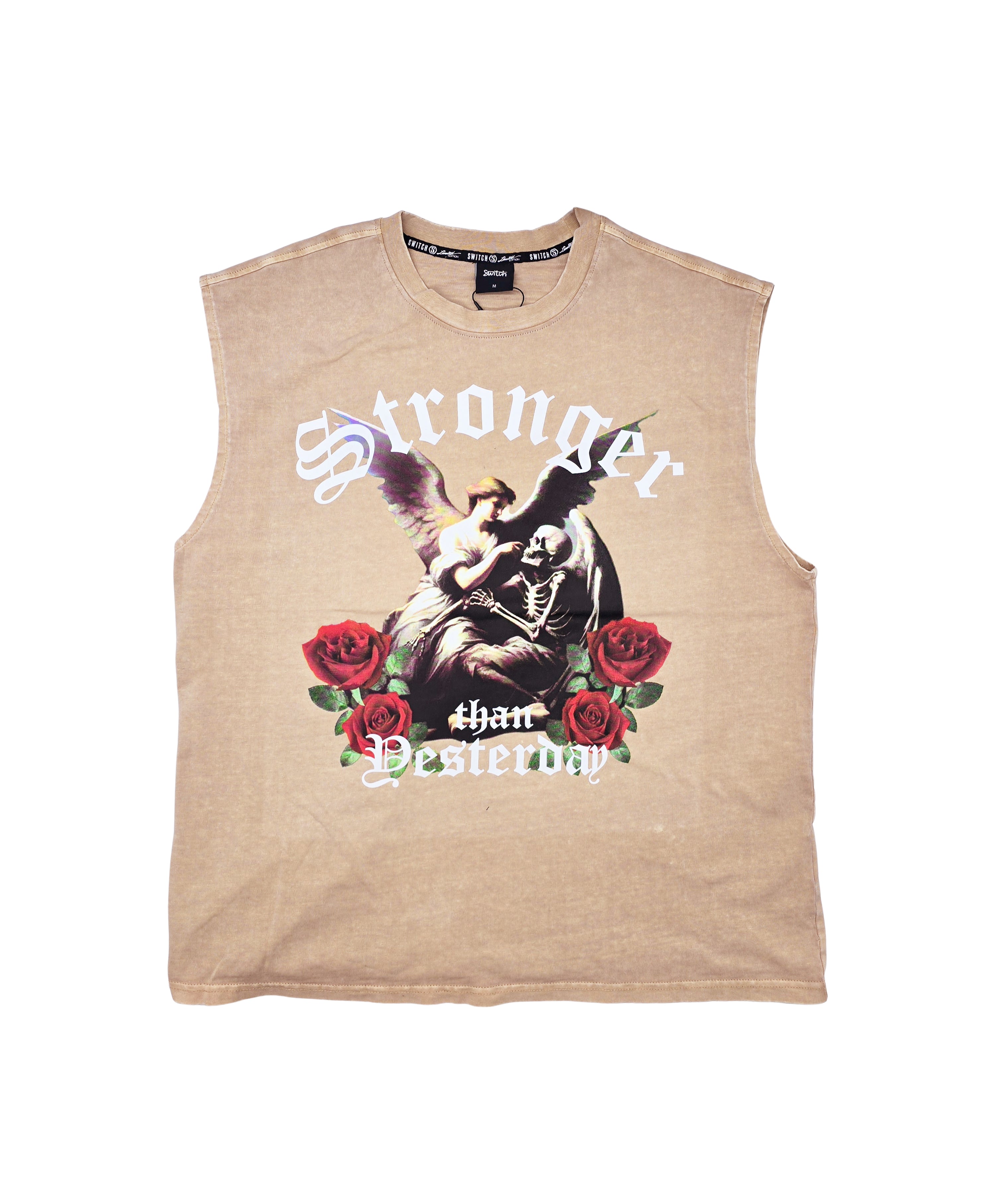 SWITCH MEN'S STRANGER THAN YESTERDAY GRAPHIC CUT-OFF SLEEVELESS MUSCLE TANK TOP (SAND)