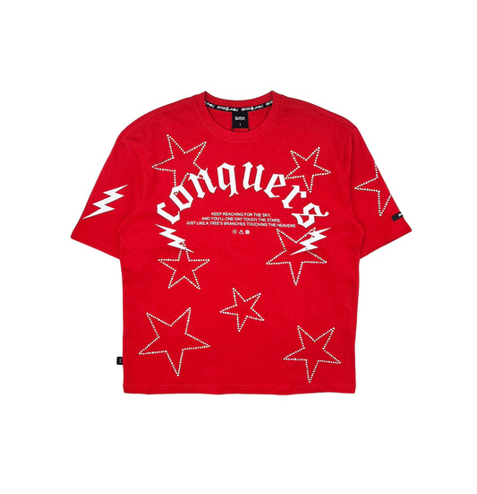 SWITCH MEN'S CONQUERS GRAPHIC & RHINESTONE T-SHIRT/SHORTS SET (RED)