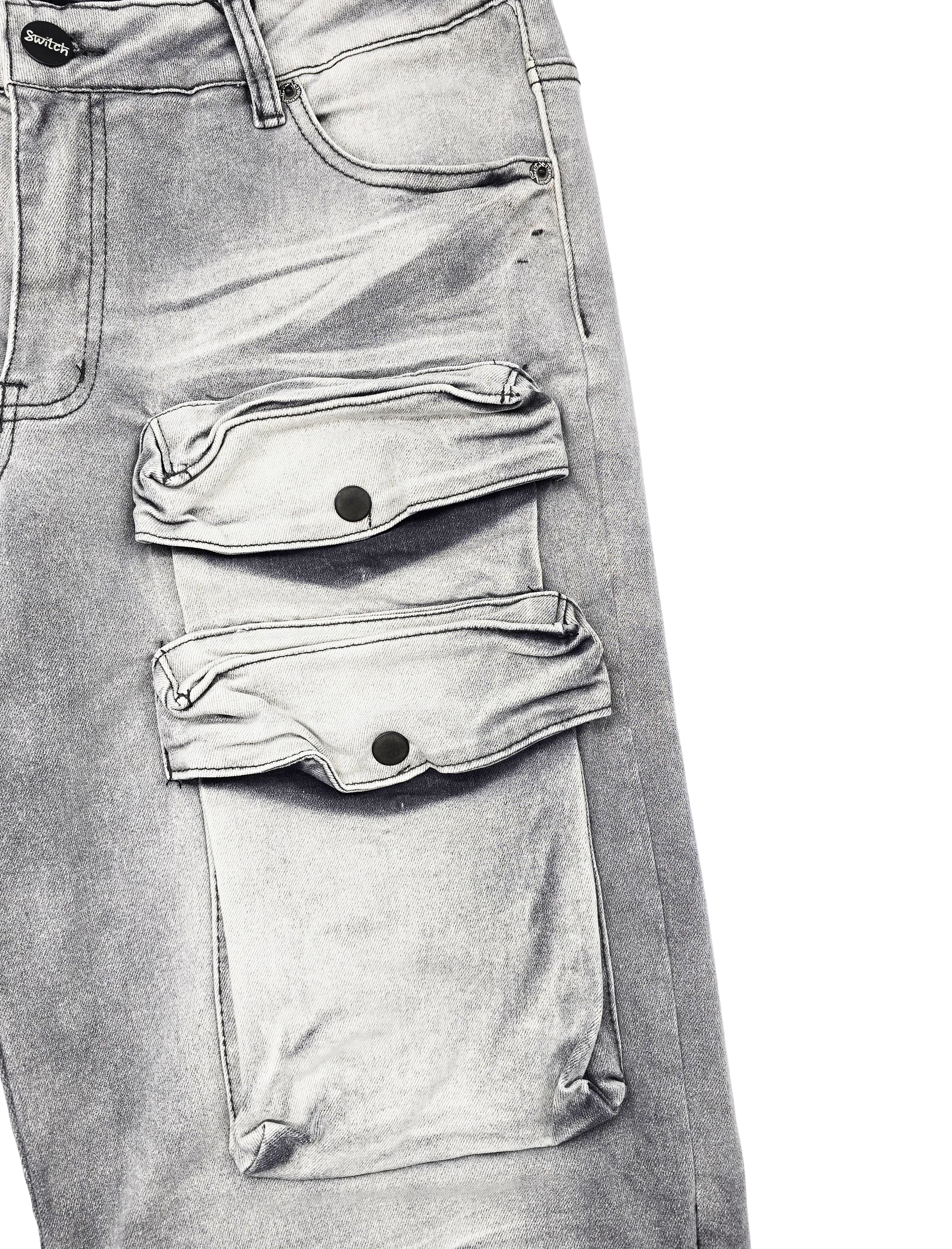 SWITCH REMARKABLE MEN'S TWO TONE PLAIN MULTI-POCKET STRAIGHT FIT CARGO JEANS (GREY)