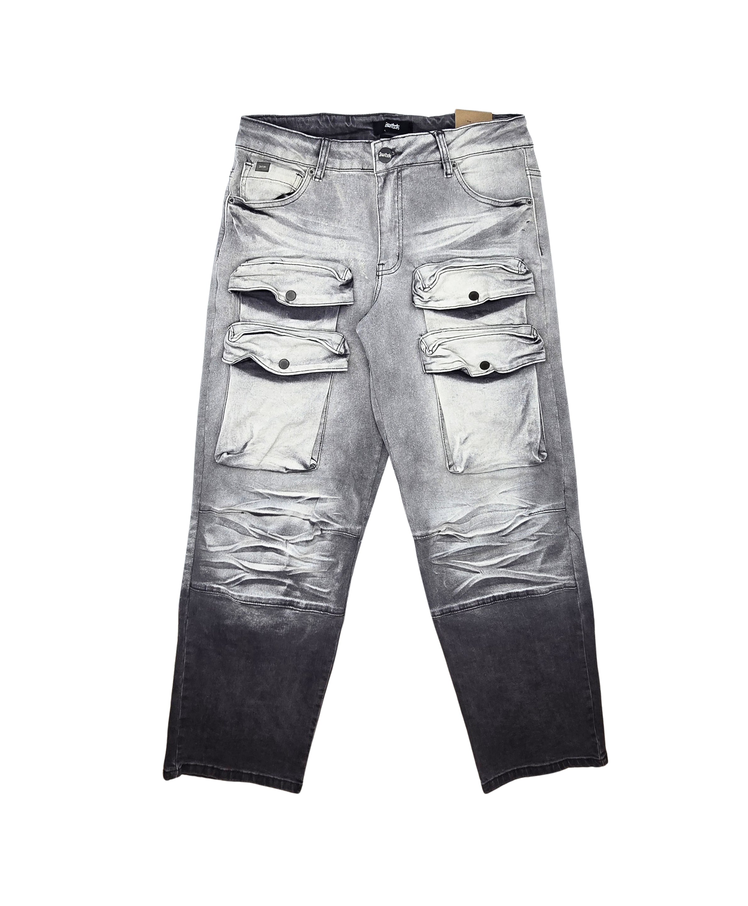 SWITCH REMARKABLE MEN'S TWO TONE PLAIN MULTI-POCKET STRAIGHT FIT CARGO JEANS (GREY)