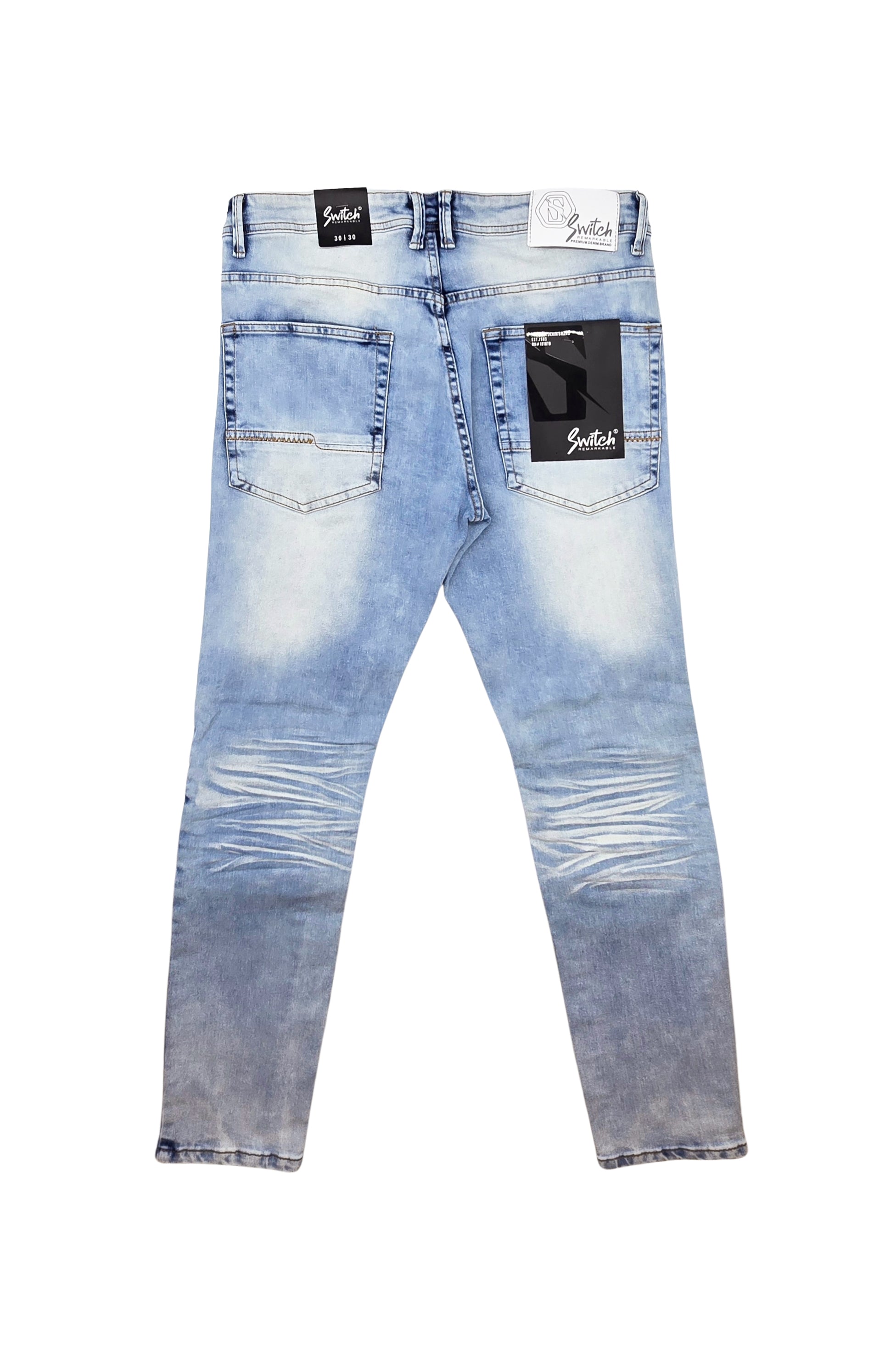 SWITCH REMARKABLE MEN'S SLIM FIT DISTRESSED BIKER JEANS (LIGHT BLUE)