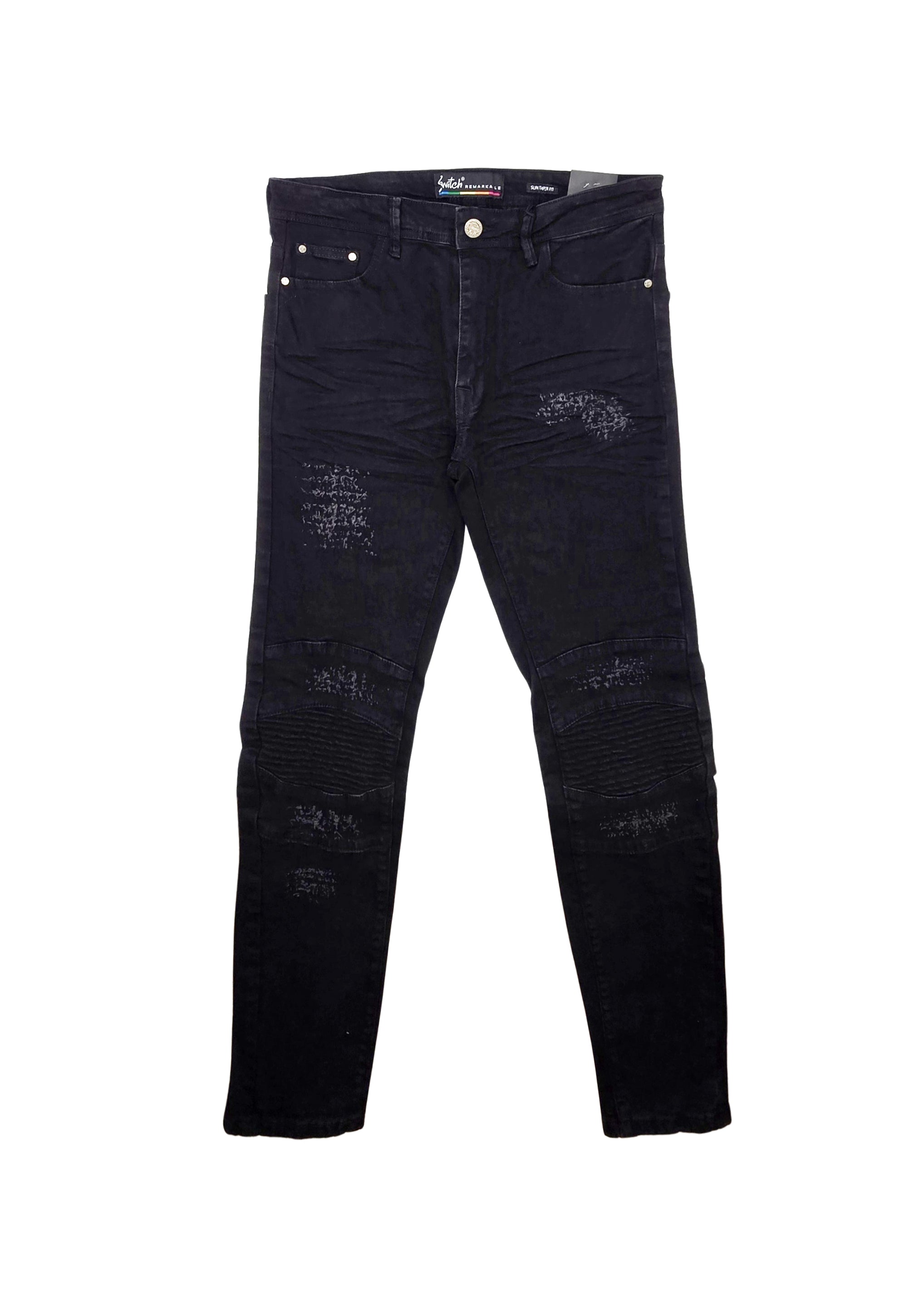 SWITCH REMARKABLE MEN'S SLIM FIT DISTRESSED BIKER JEANS (JET BLACK)