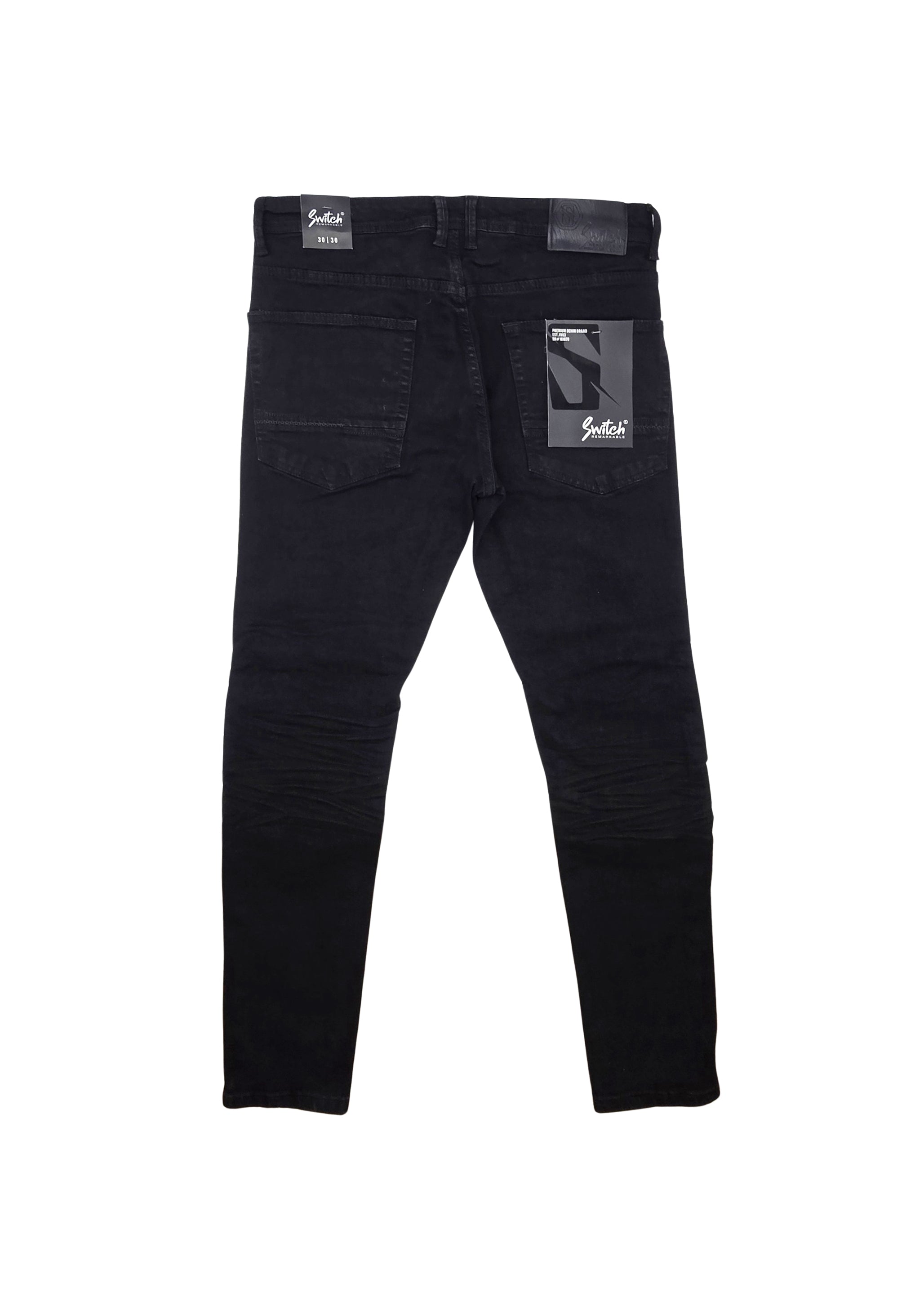 SWITCH REMARKABLE MEN'S SLIM FIT DISTRESSED BIKER JEANS (JET BLACK)