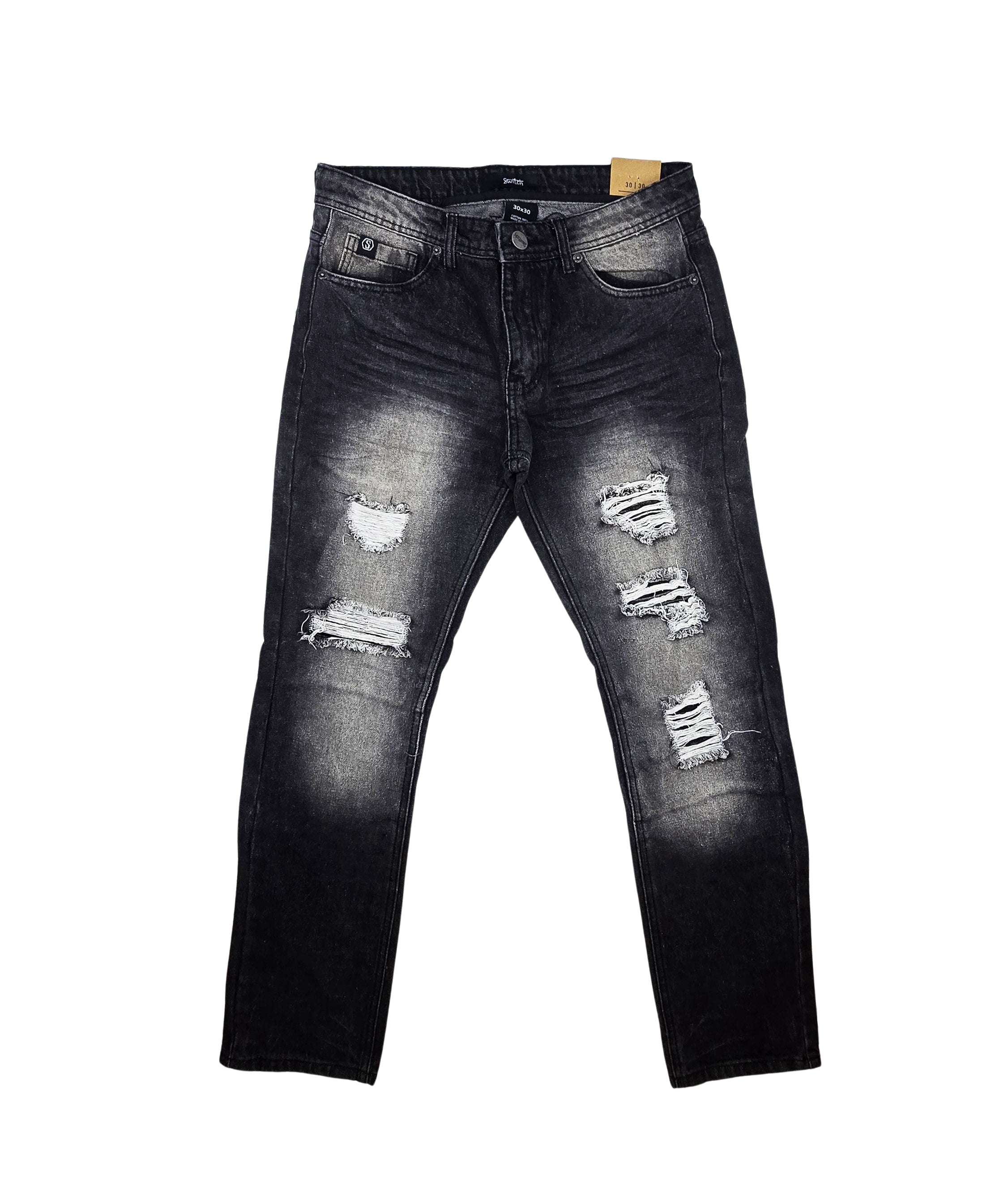 SWITCH REMARKABLE MEN'S SLIM FIT RIPPED DENIM JEANS (BLACK)